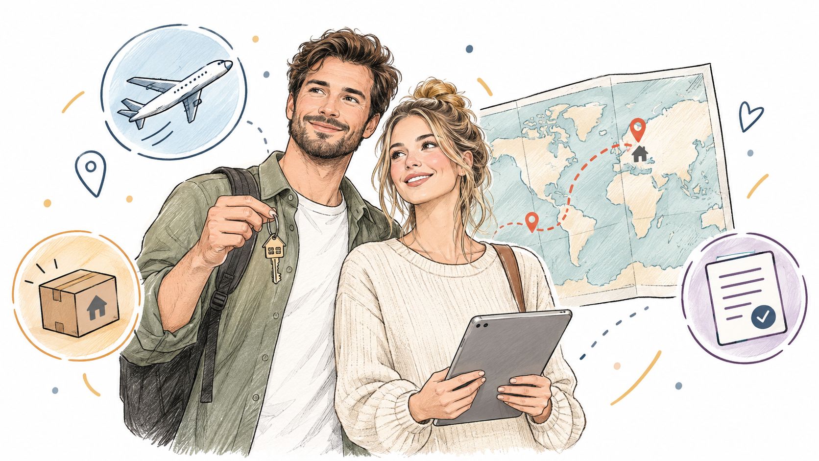 A happy couple planning their relocation with travel documents, a world map, and a new house key.