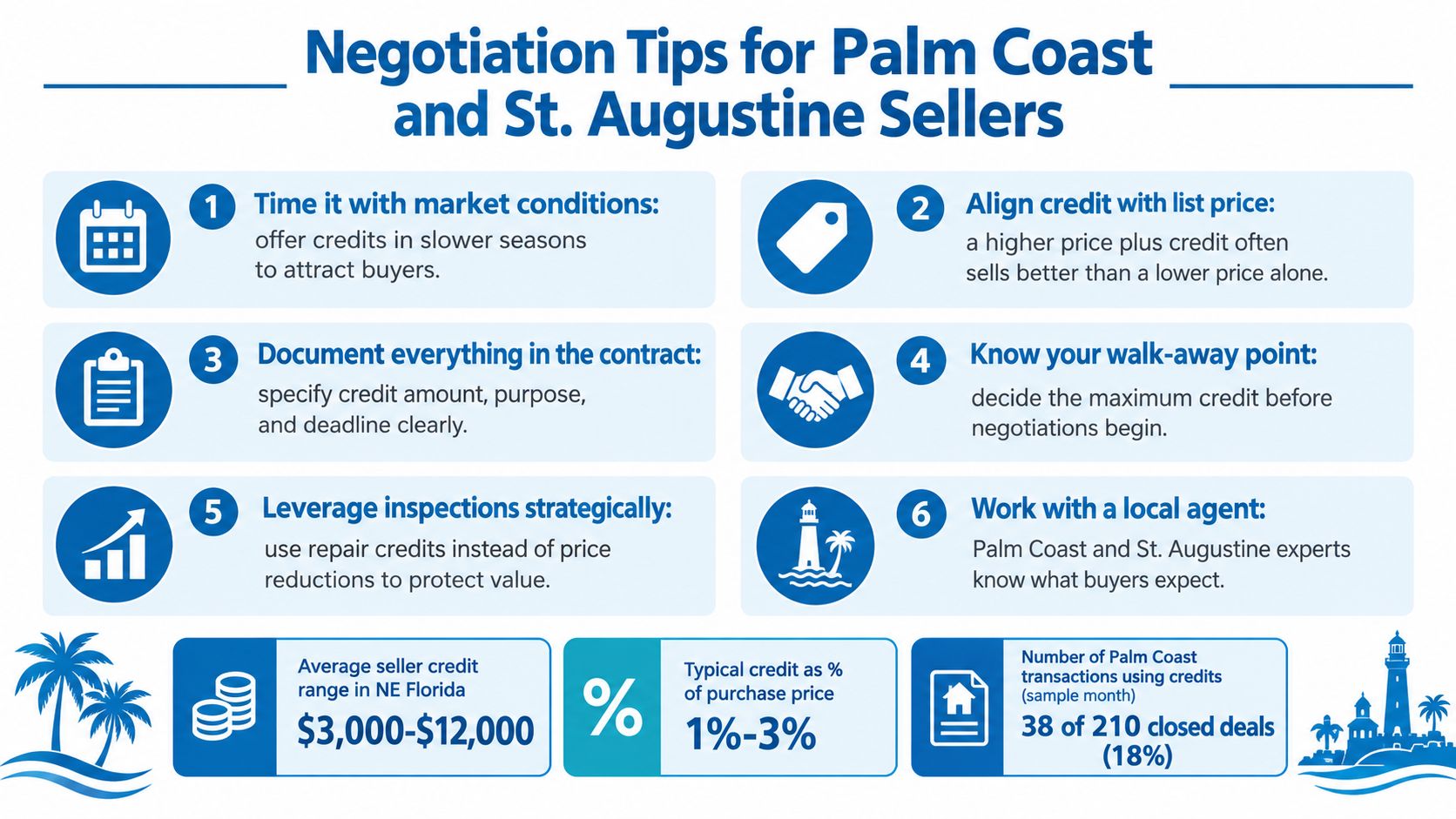 An infographic titled Negotiation Tips for Palm Coast and St. Augustine Sellers featuring six tips and market data.