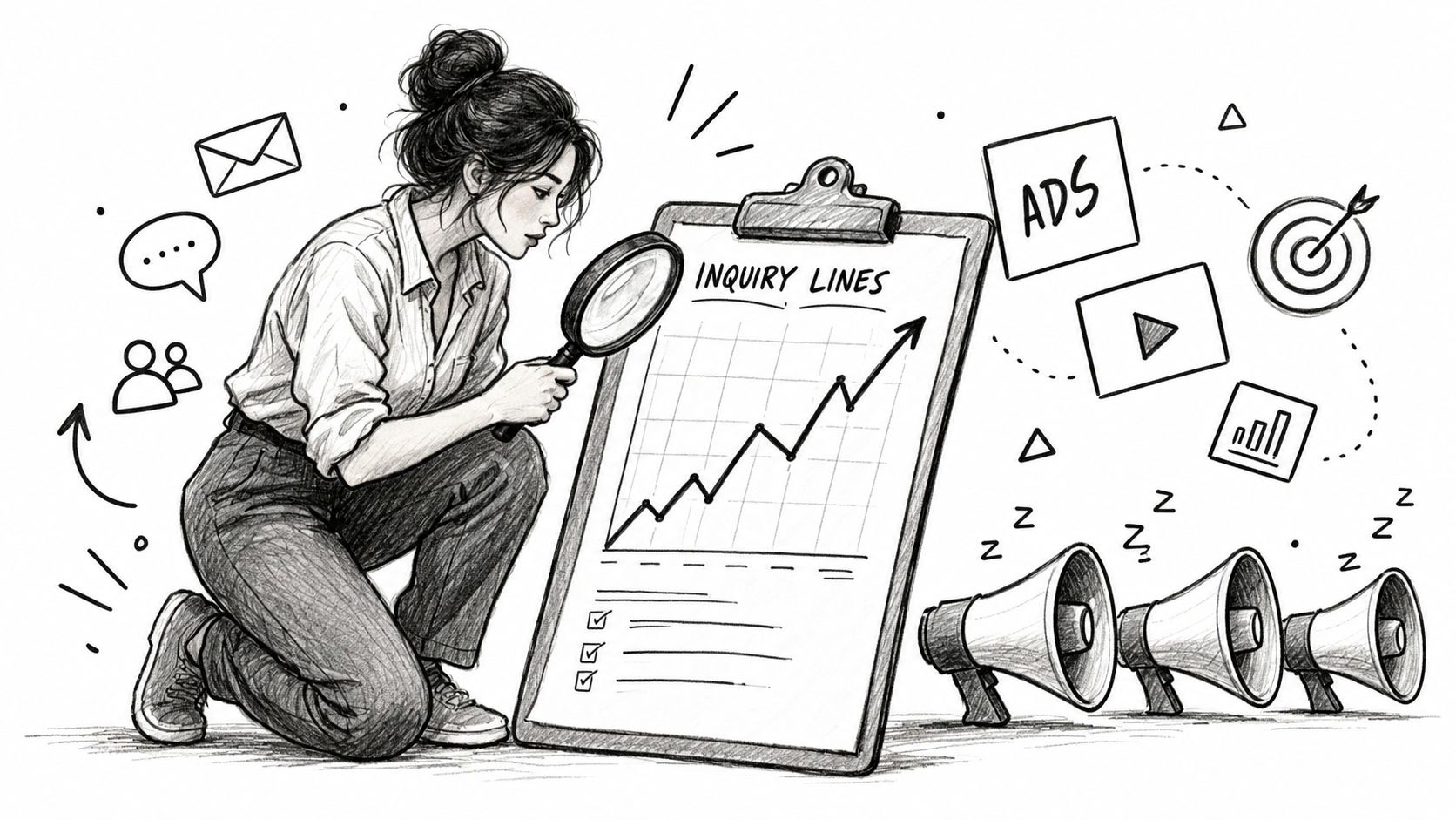 A woman inspecting a rising trend chart on a clipboard, surrounded by various marketing icons and megaphones.