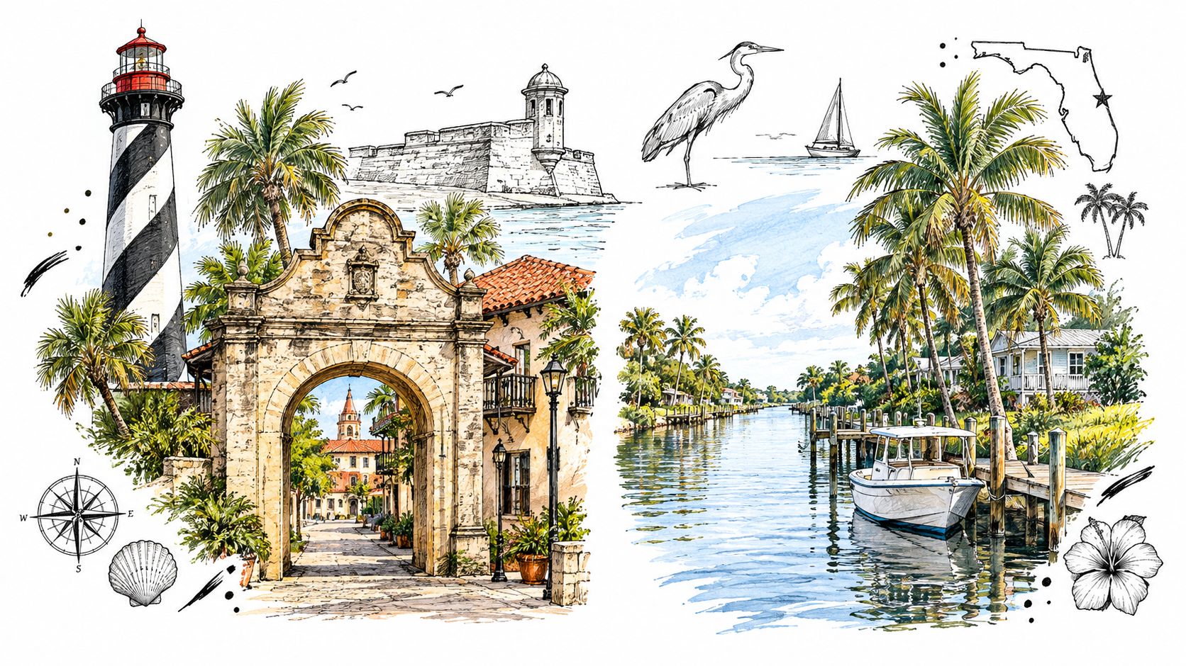 A scenic watercolor illustration featuring the St. Augustine lighthouse, Spanish-style architecture, a canal, and Florida symbols.