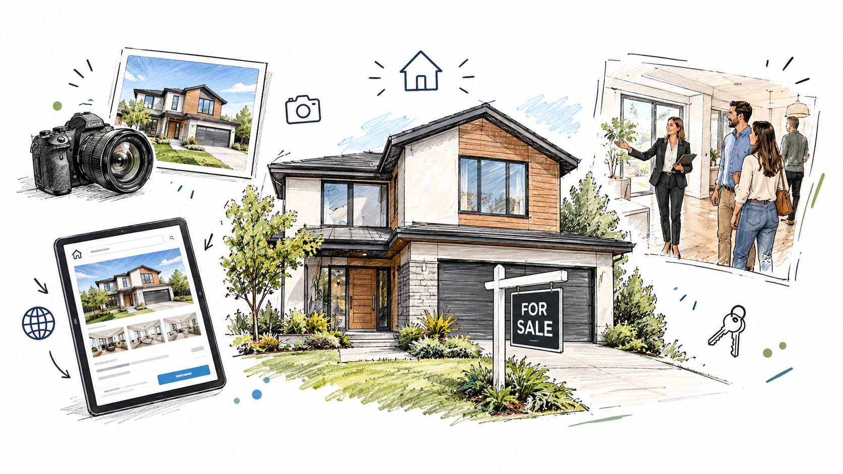 A conceptual illustration of the real estate sales process including house photography, property listing and viewing.