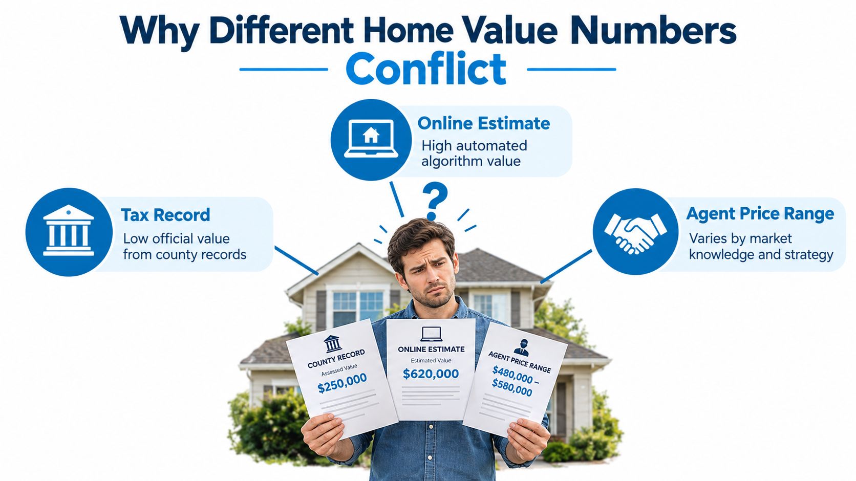 A confused person holding three different papers showing conflicting home valuation estimates from various sources.
