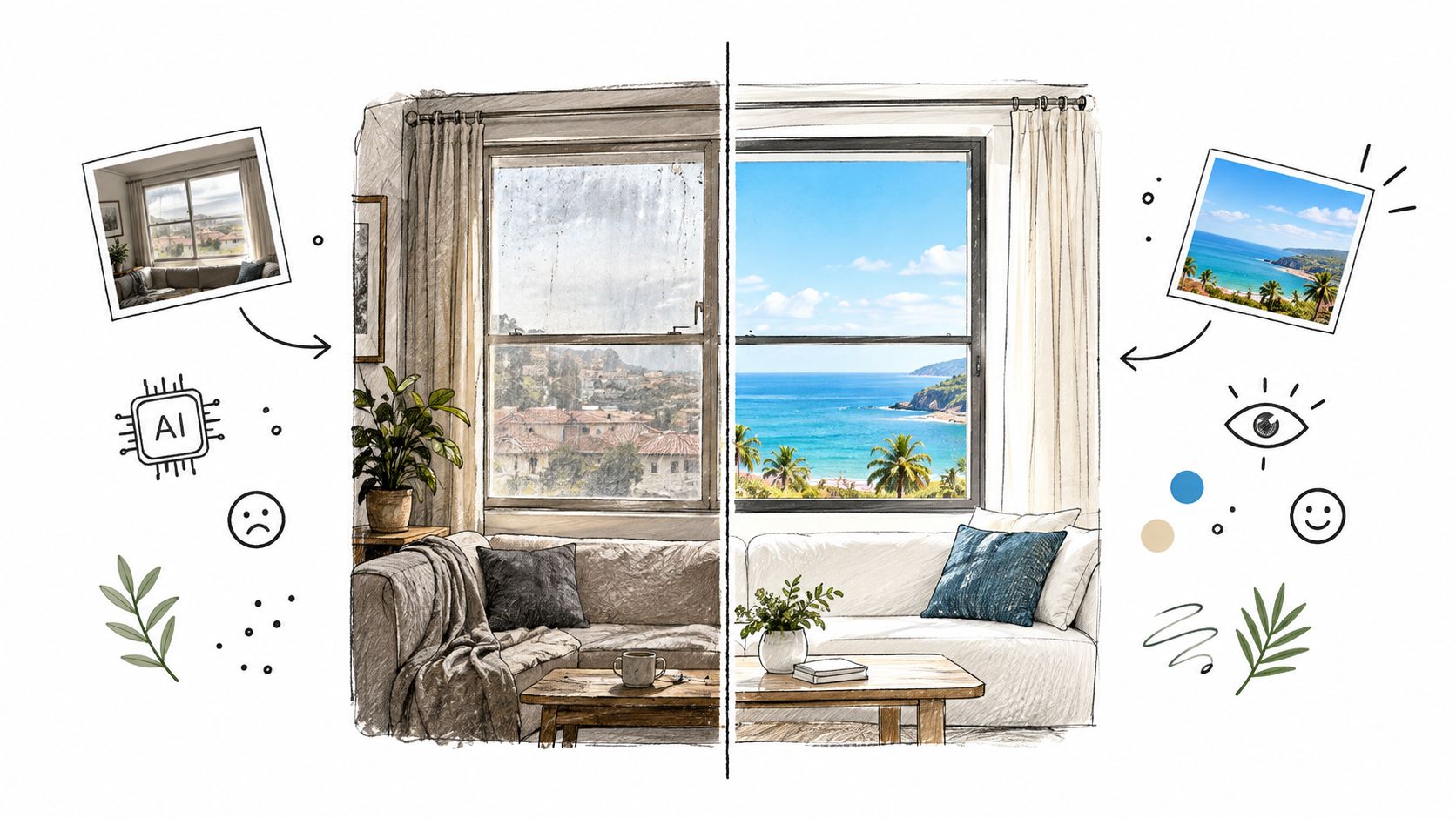 A split-screen illustration showing AI transforming an urban living room view into a beautiful coastal beach scene.
