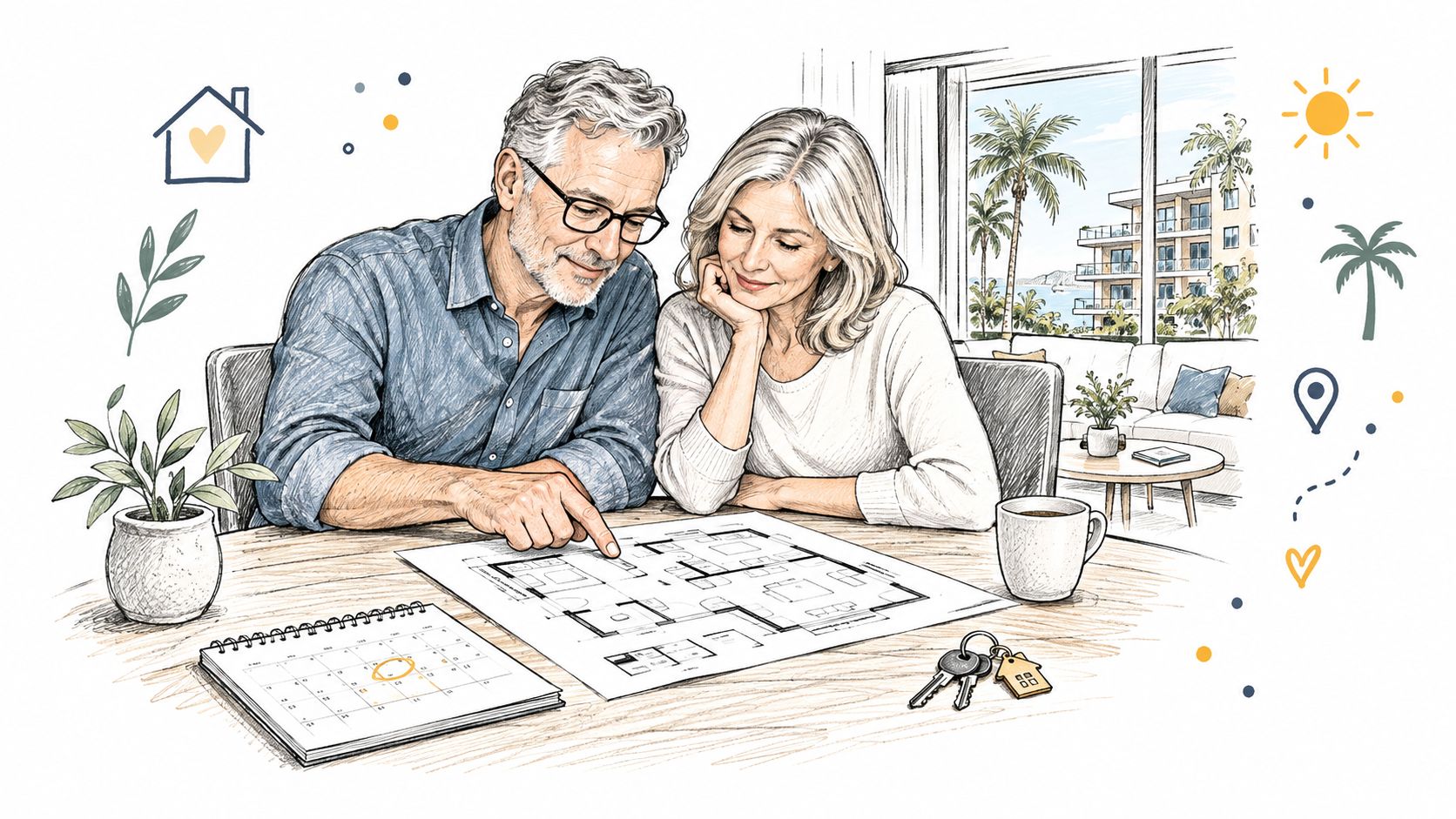 A happy senior couple sits at a wooden table looking over architectural blueprints for their new home.