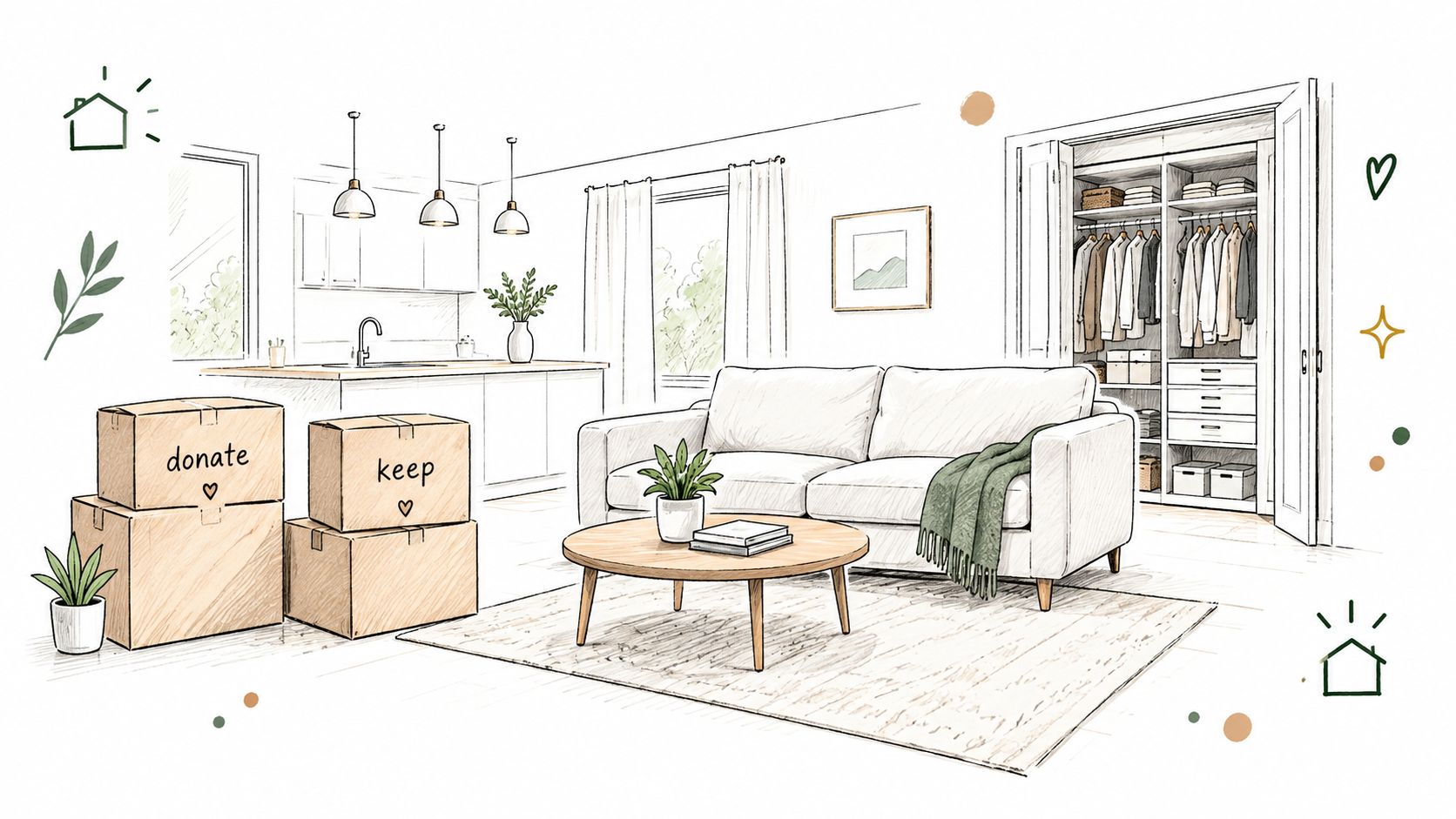 A line drawing illustration showing a tidy living room with moving boxes labeled donate and keep.