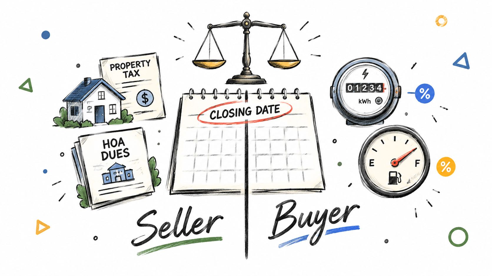 An illustration showing a balance scale over a calendar with closing date, representing seller and buyer costs.