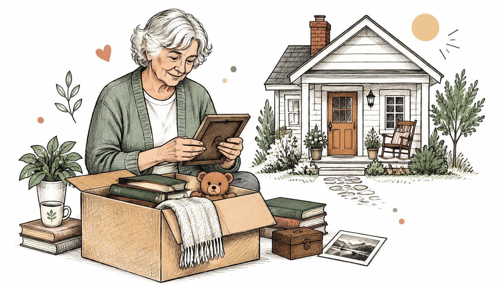 An elderly woman sitting outdoors packing belongings into a cardboard box while looking at a framed photo.