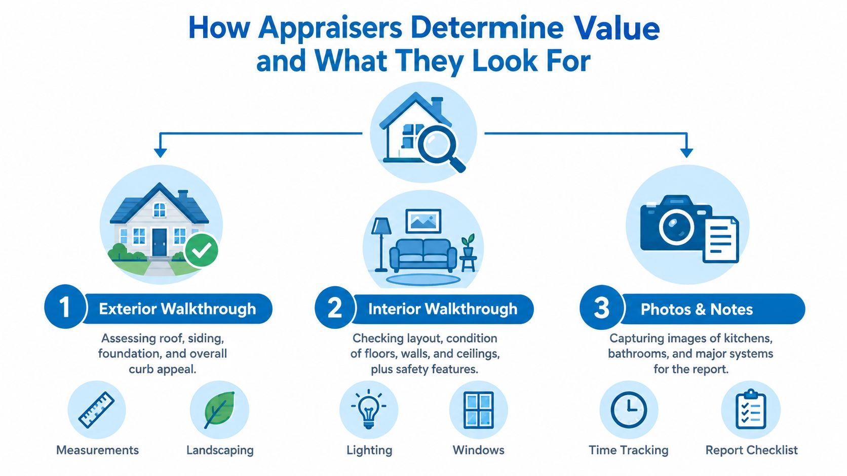 An infographic titled How Appraisers Determine Value and What They Look For, showing exterior and interior walkthrough steps.