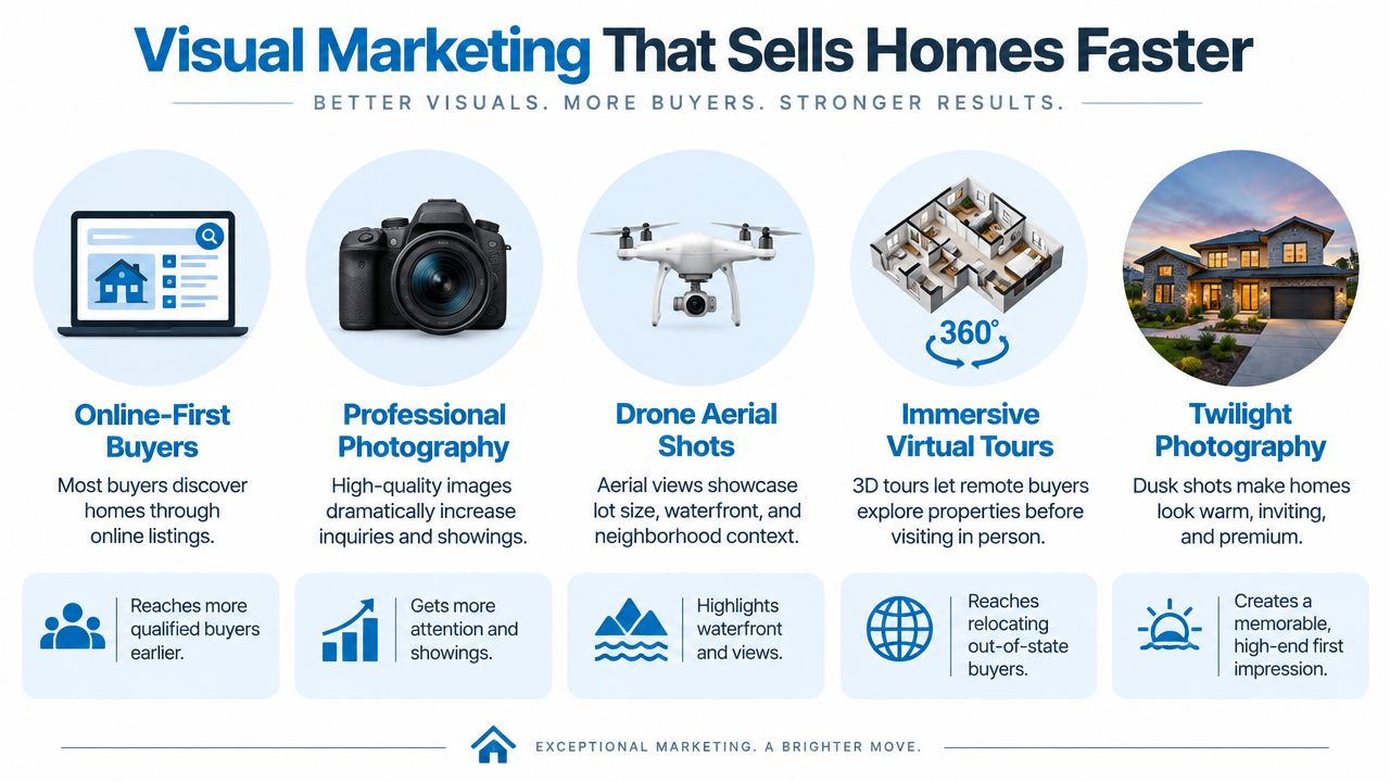 An infographic detailing five visual marketing strategies for selling homes faster including photography and virtual tours.