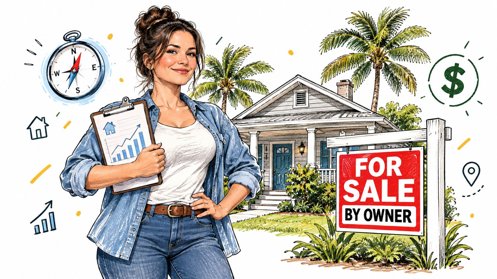 A woman holding a clipboard standing in front of a house with a For Sale By Owner sign.