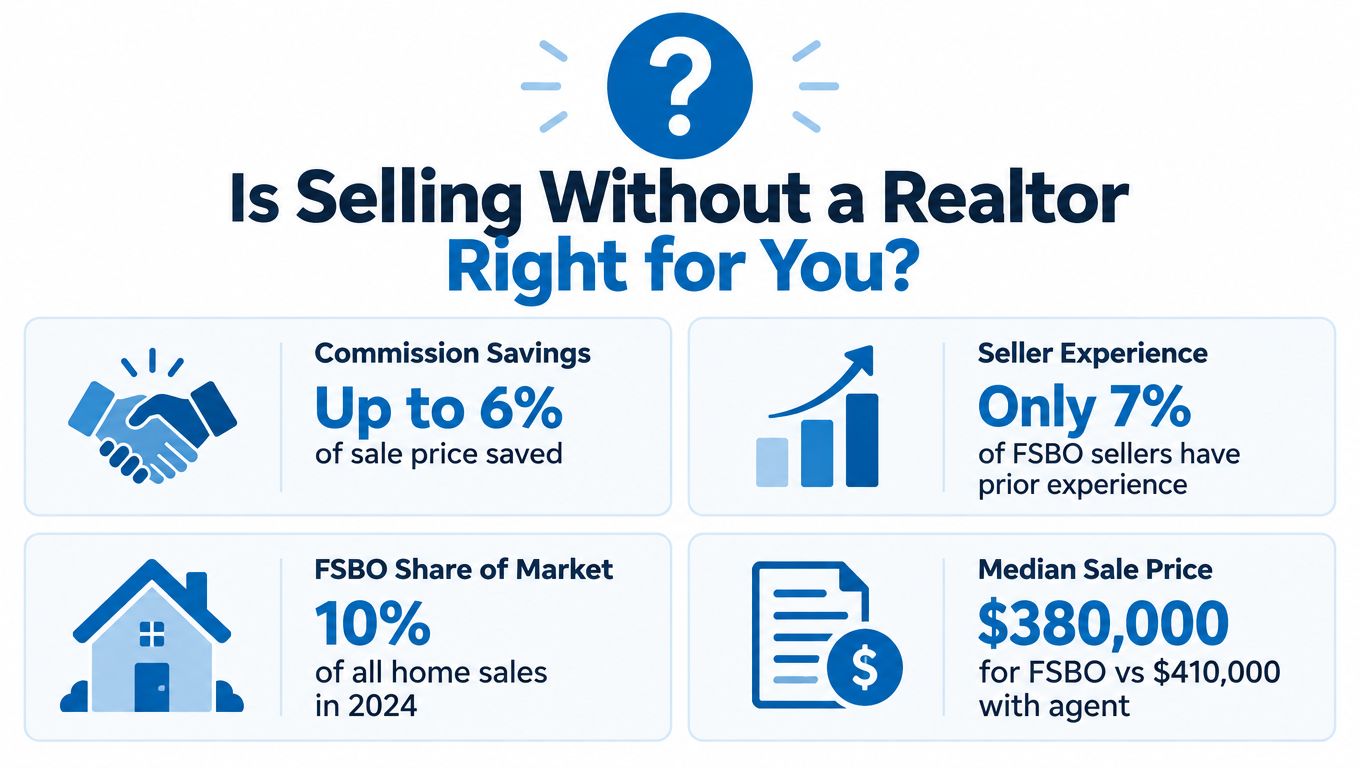 An infographic titled Is Selling Without a Realtor Right for You? showing FSBO real estate statistics.