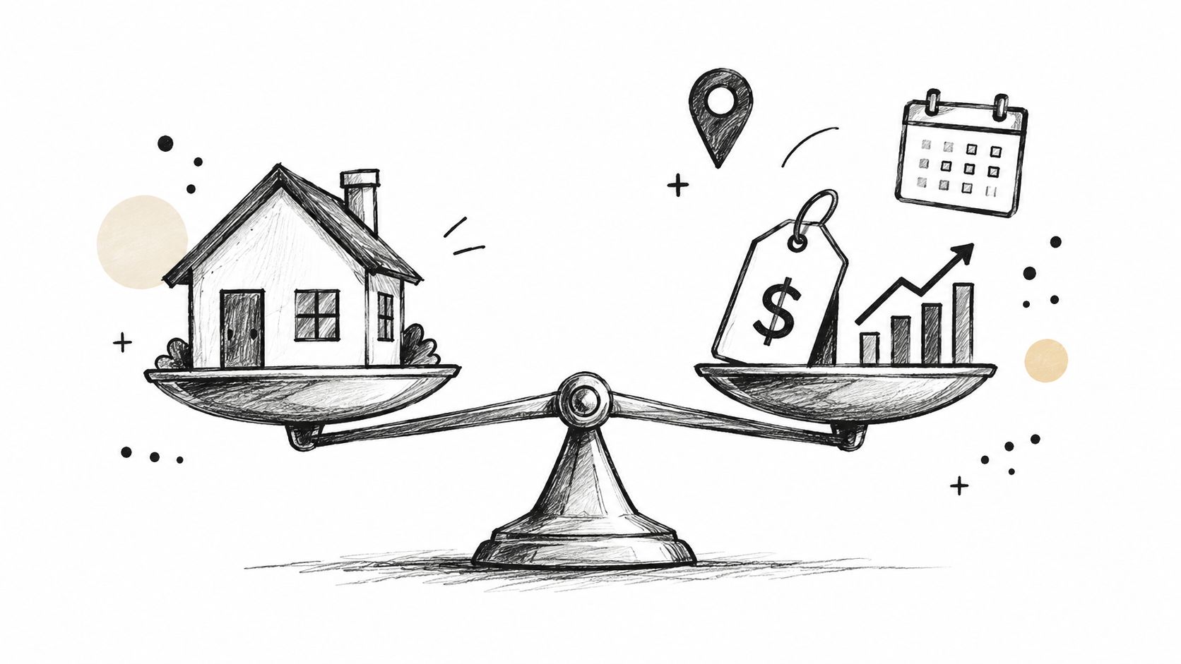 A pencil sketch of a scale balancing a house on one side and financial growth symbols.