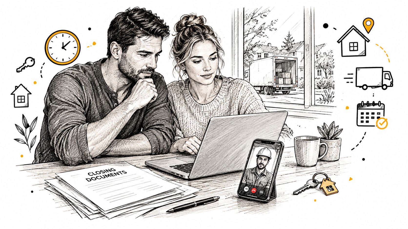 A young couple reviewing closing documents while on a video call with a professional to sell their home.
