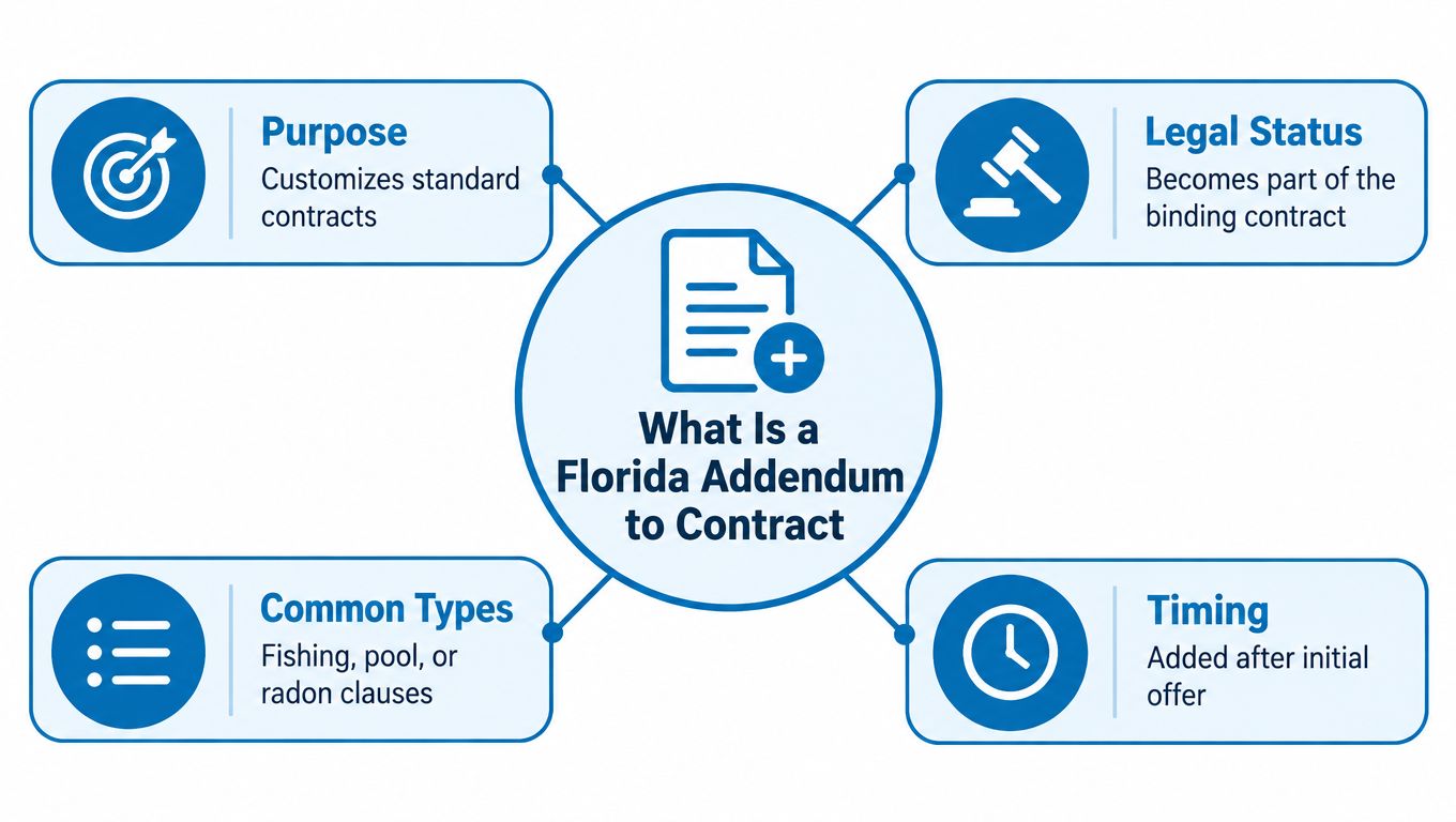 A diagram explaining what a Florida addendum to a contract is with four key descriptive points.