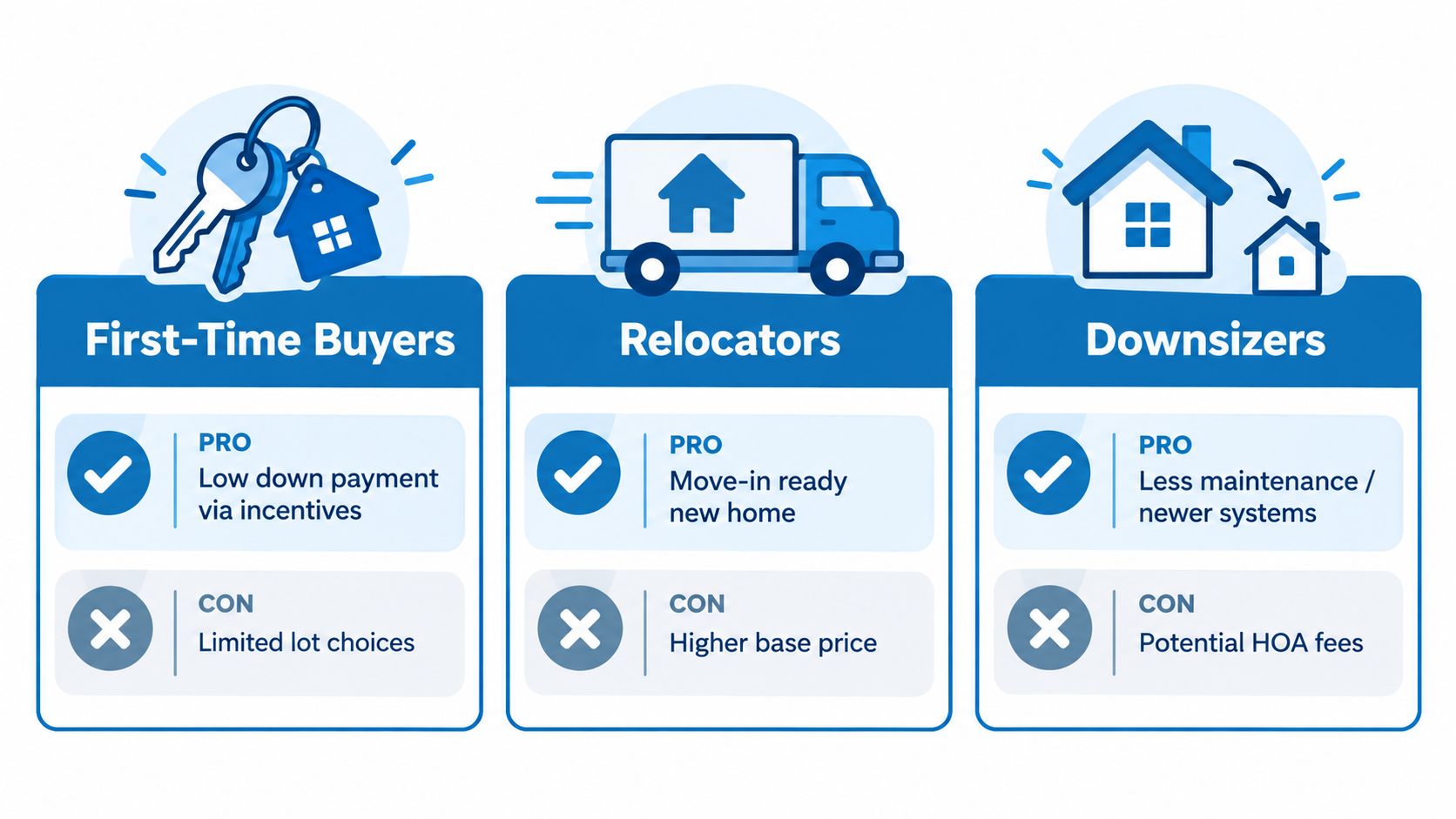 A comparison chart showing the pros and cons of new construction homes for different types of buyers.