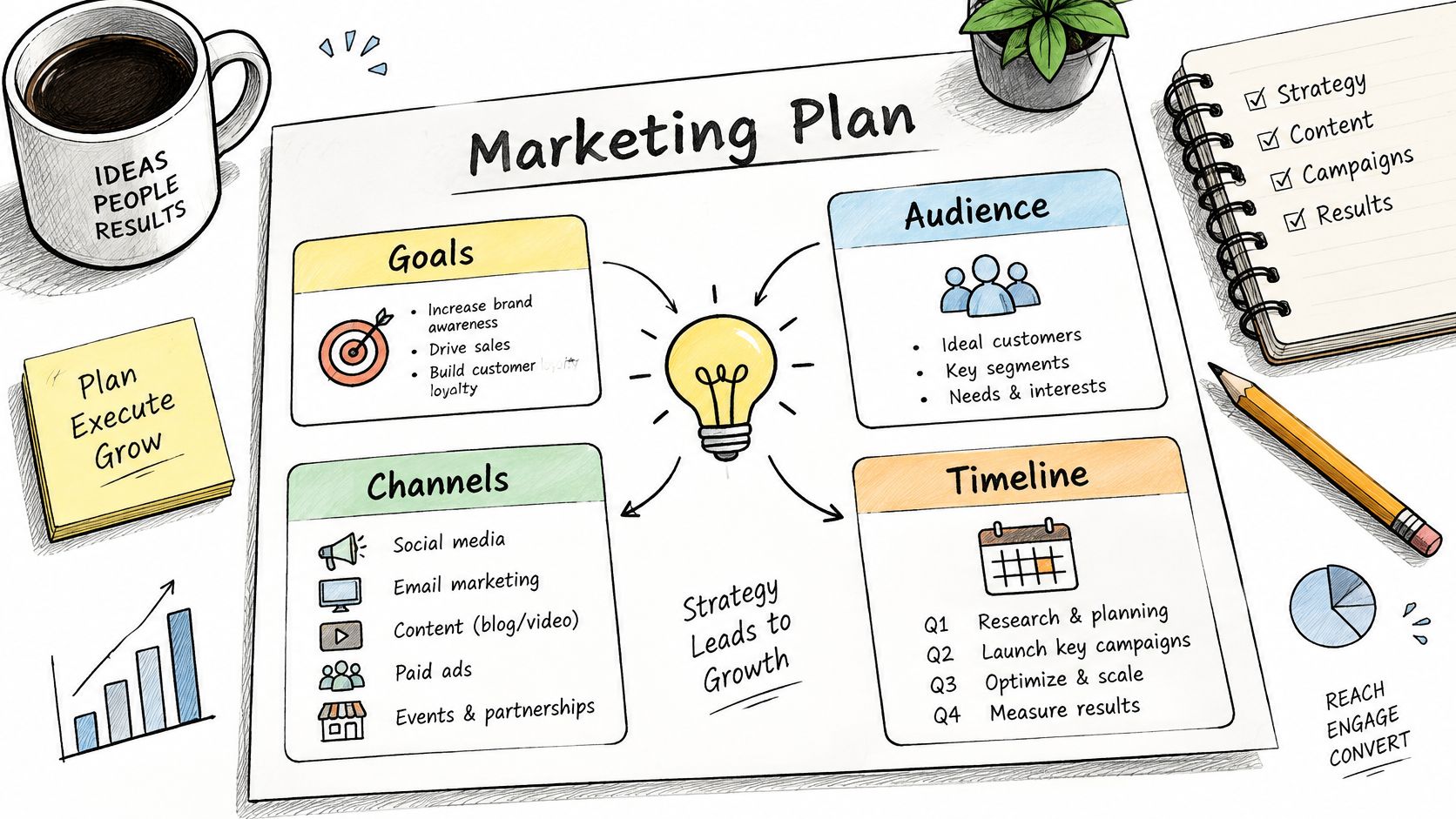 A hand-drawn illustration of a marketing plan with four quadrants: goals, audience, channels, and timeline, surrounded by office supplies.