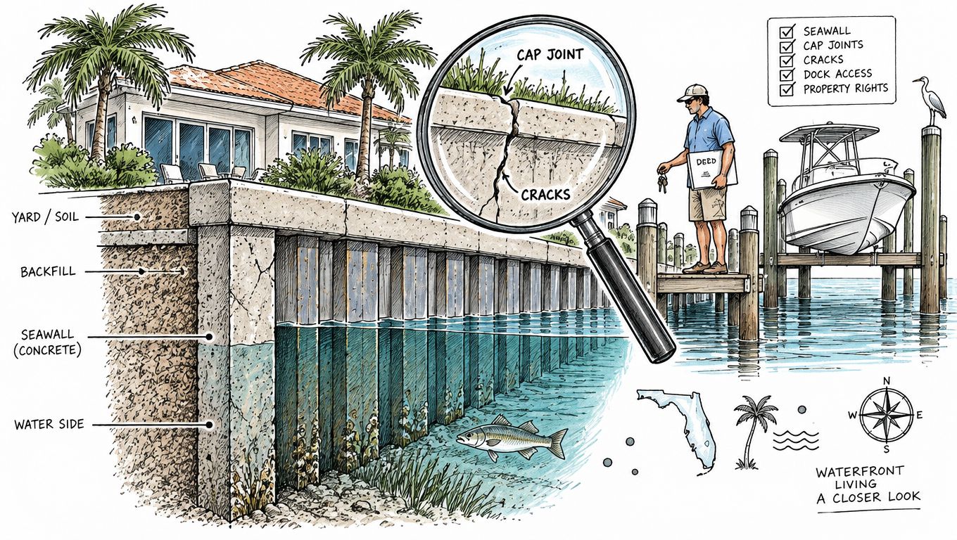 A detailed cross-section illustration showing the components of a seawall for Florida canal front homes.