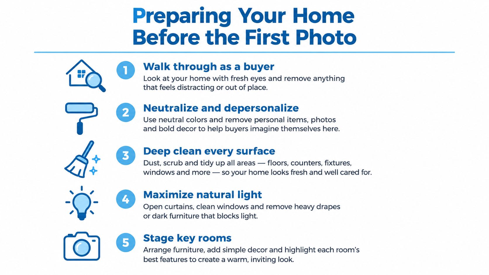 An infographic showing five tips for preparing a home for professional real estate photography and listing.