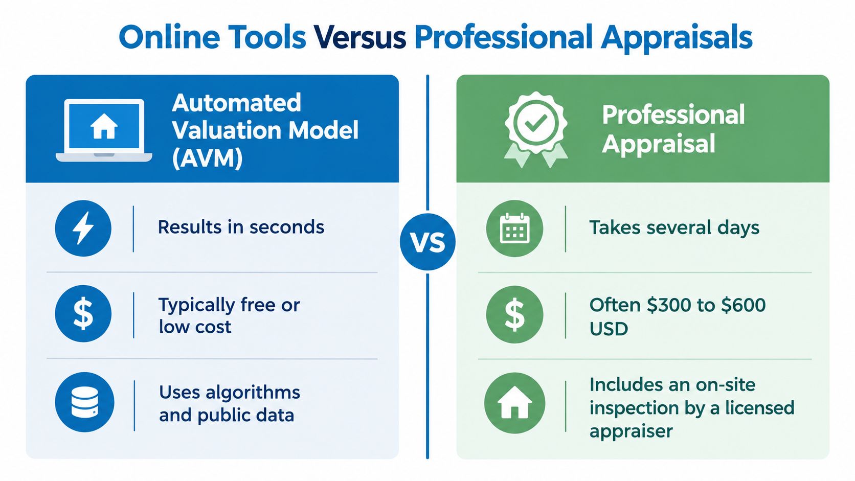 A comparison chart showing the differences between online automated valuation models and professional home property appraisals.