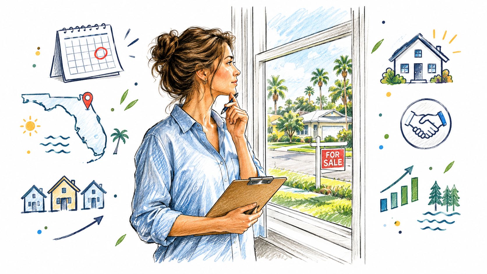 A professional real estate agent looking out a window while holding a clipboard with property planning icons.