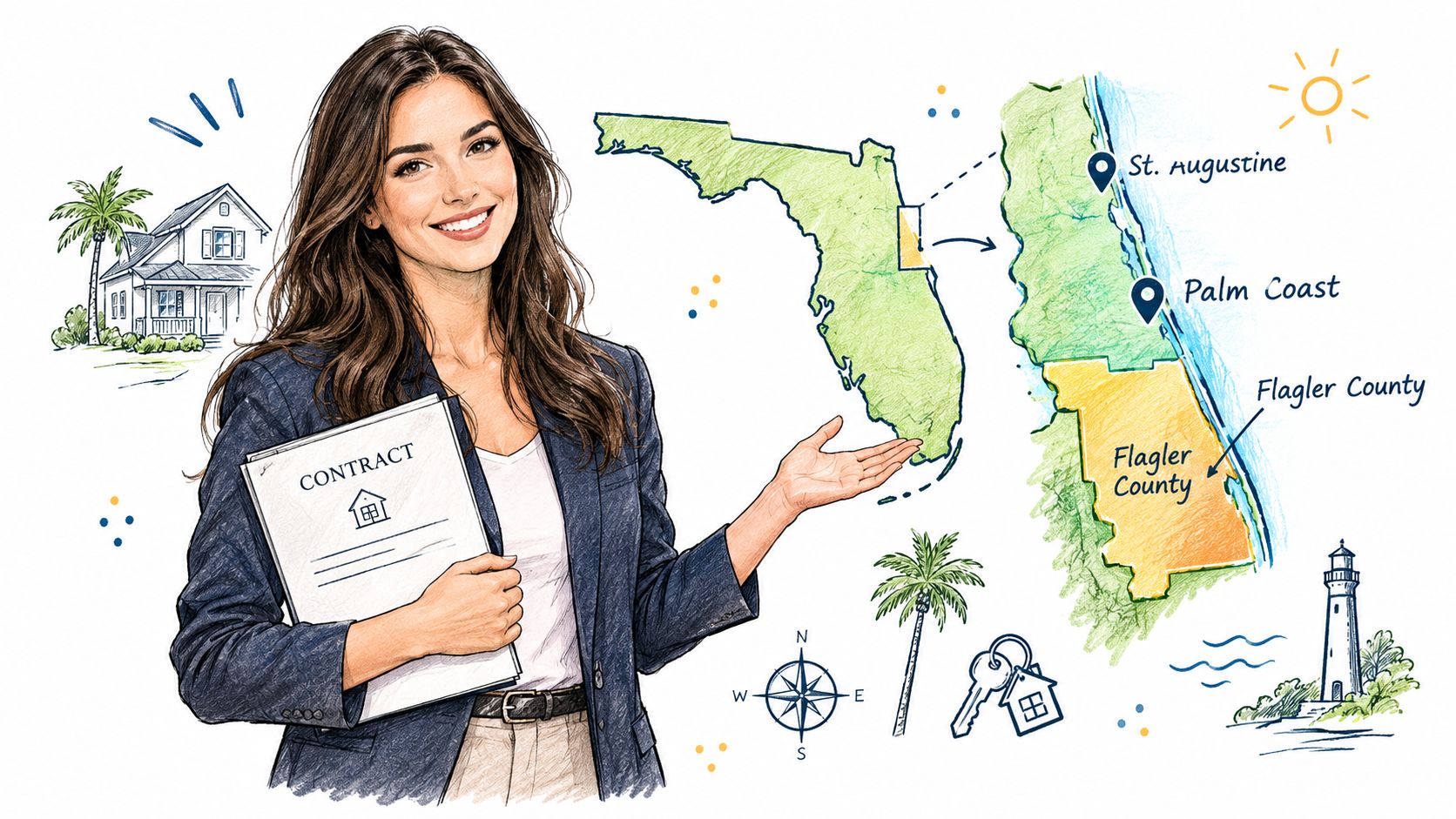 A friendly real estate agent holding a contract with a map showing Florida and Flagler County.