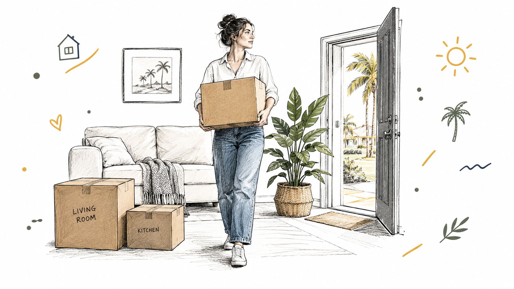 A woman carrying a cardboard box walks into a new house through an open door.
