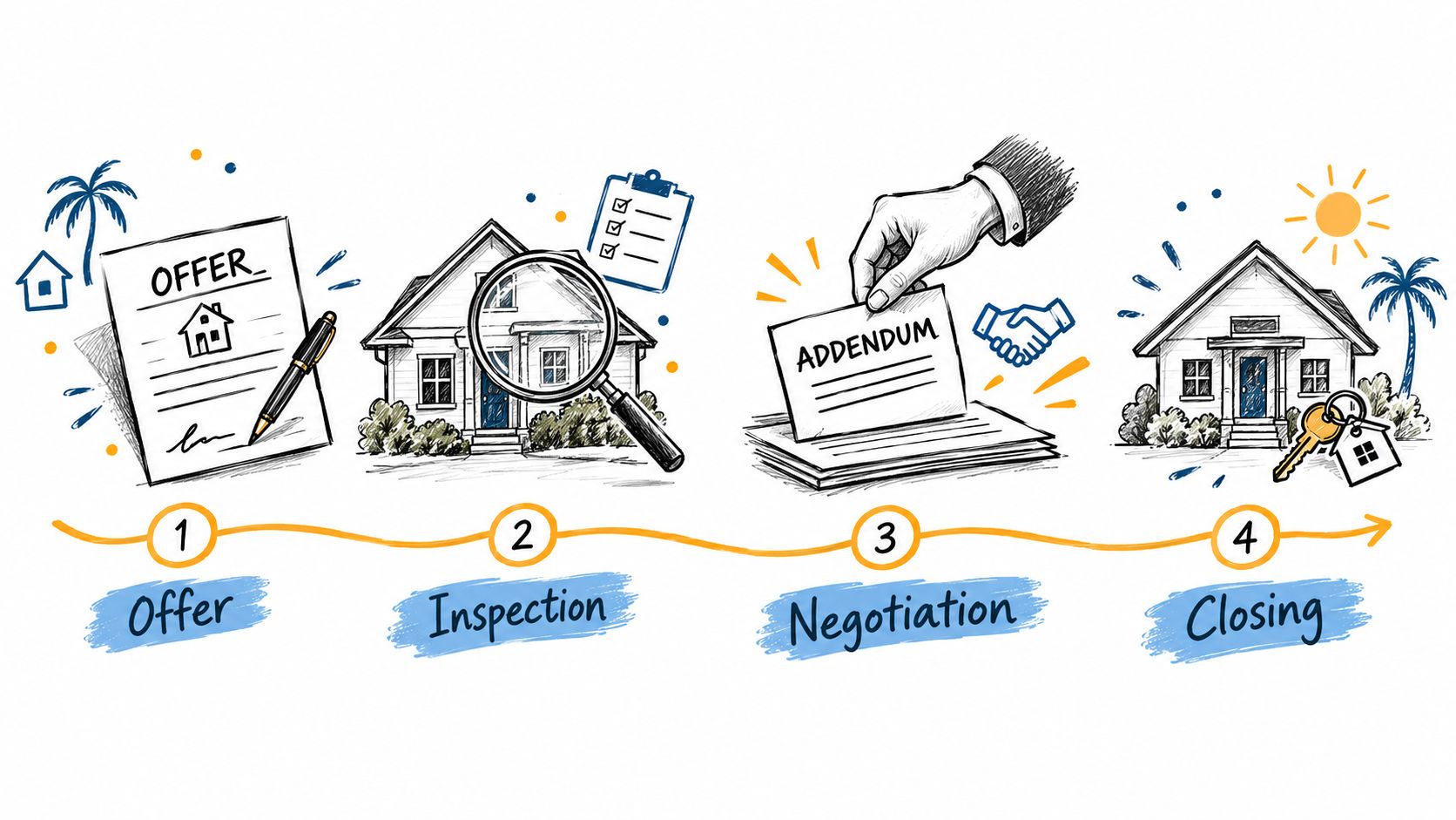 A four-step illustration of the home buying process, starting with an offer and ending with closing.