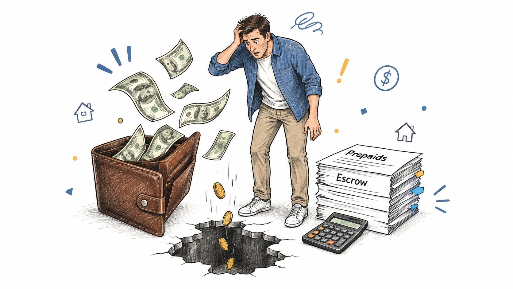 A man looking stressed at money falling from his wallet into a hole next to closing documents.