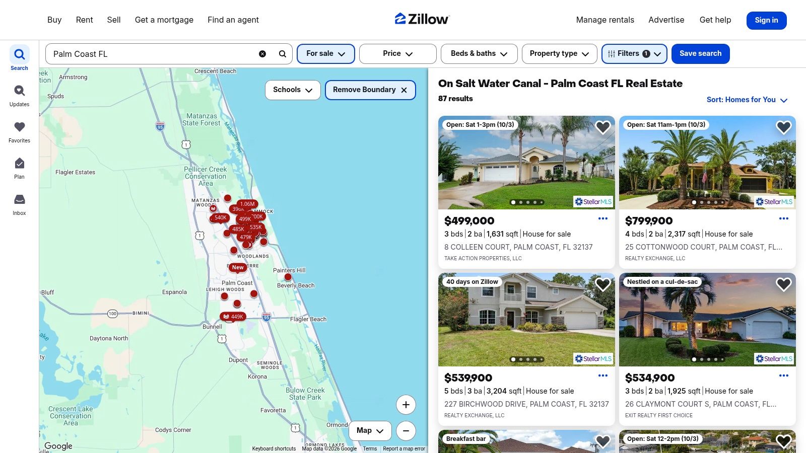Zillow Palm Coast canal and waterfront filters
