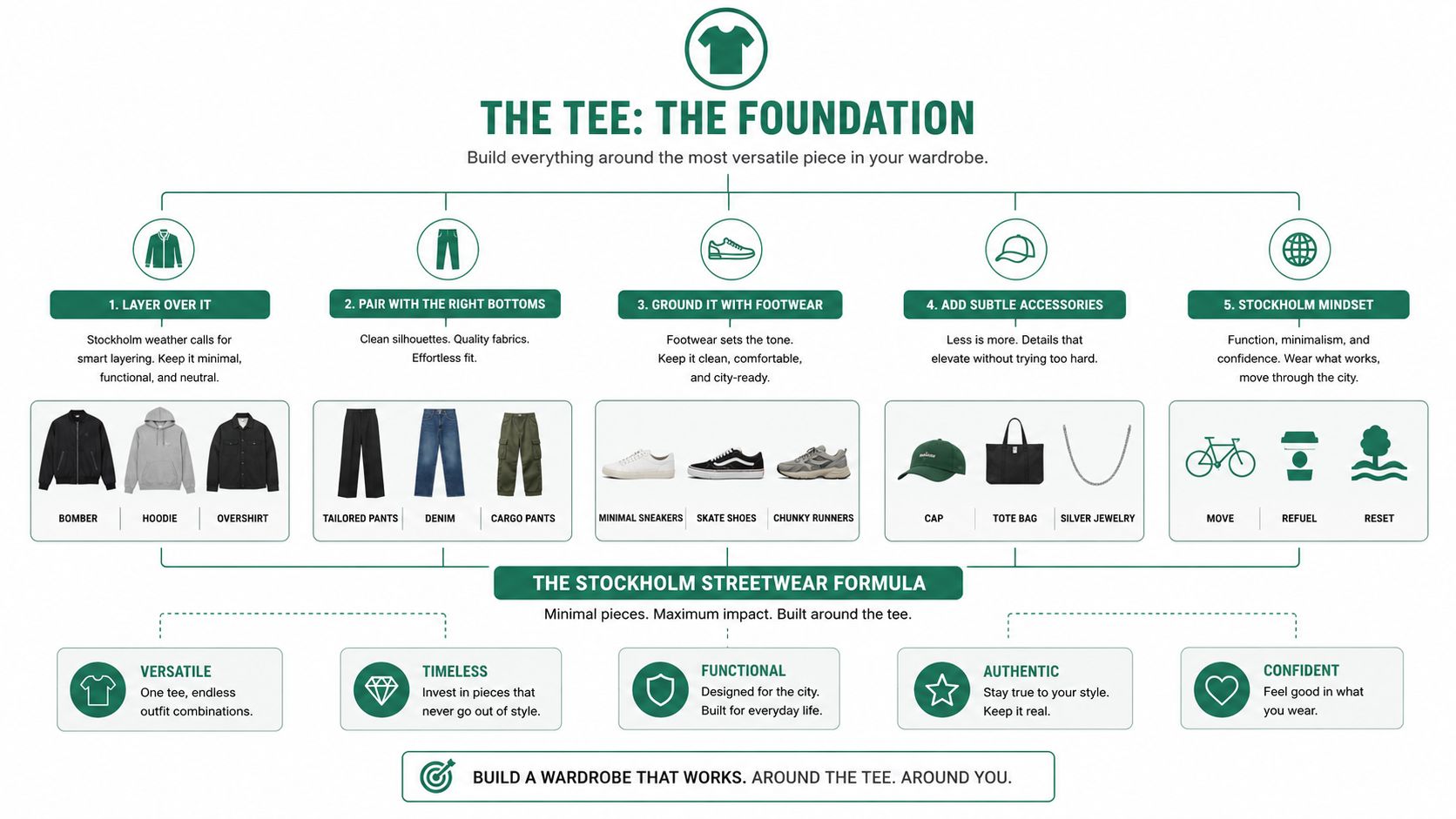 A graphic diagram outlining the Stockholm streetwear fashion formula with steps for building a versatile wardrobe.