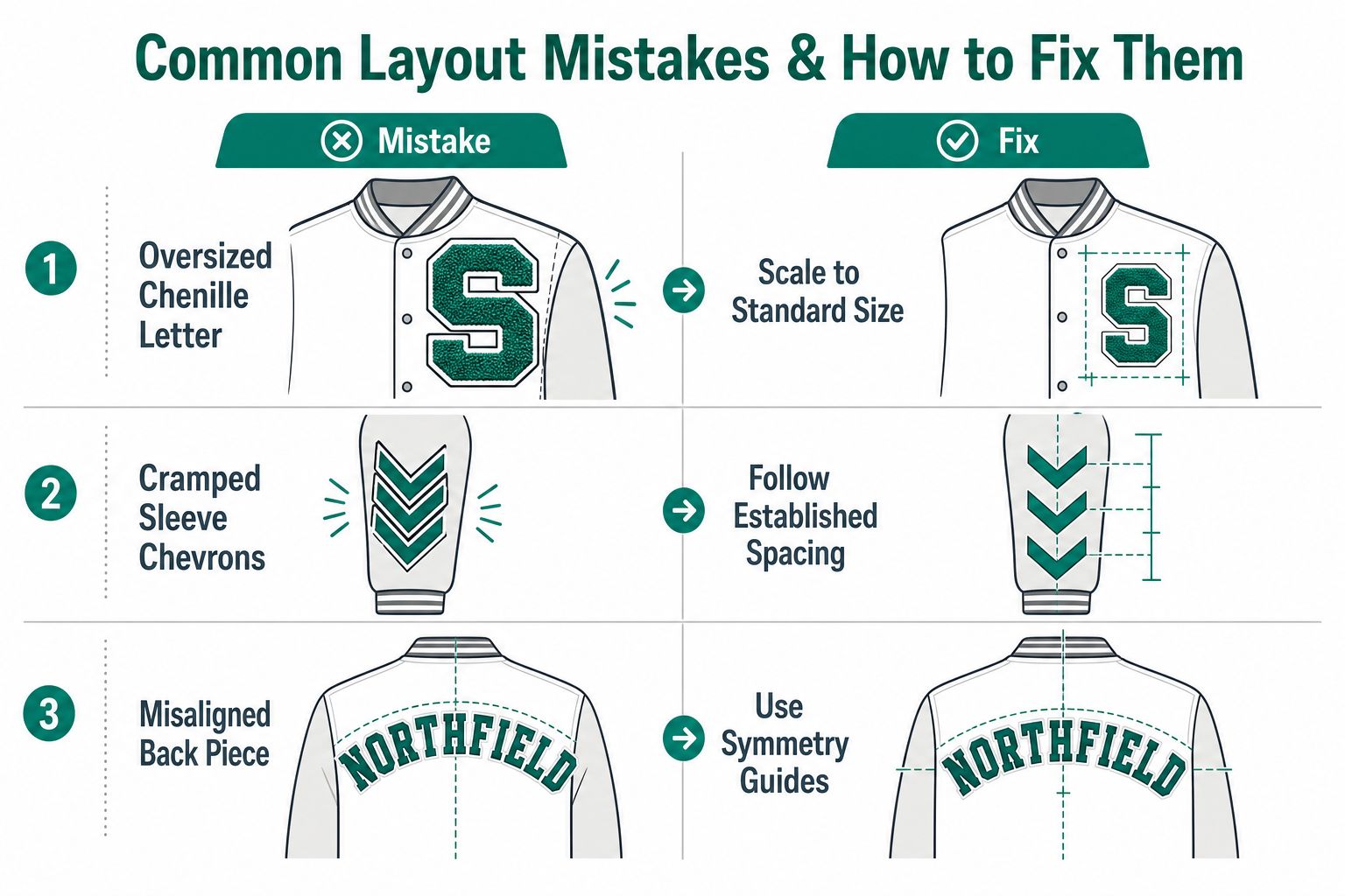 A diagram comparing common layout mistakes and their corrections for branding a custom varsity letterman jacket.
