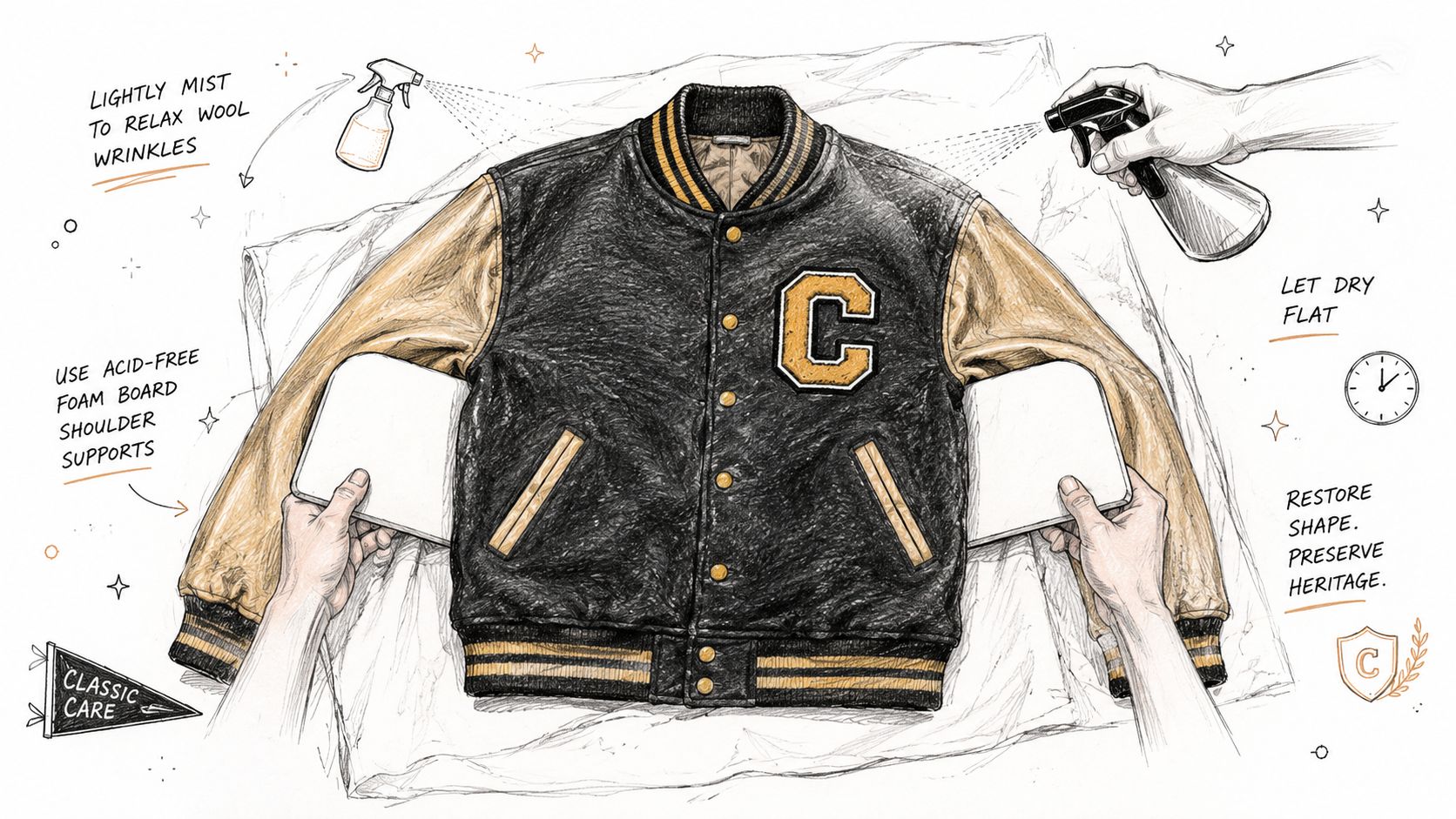 A hand-drawn illustration showing proper care and maintenance tips for a vintage wool letterman jacket.