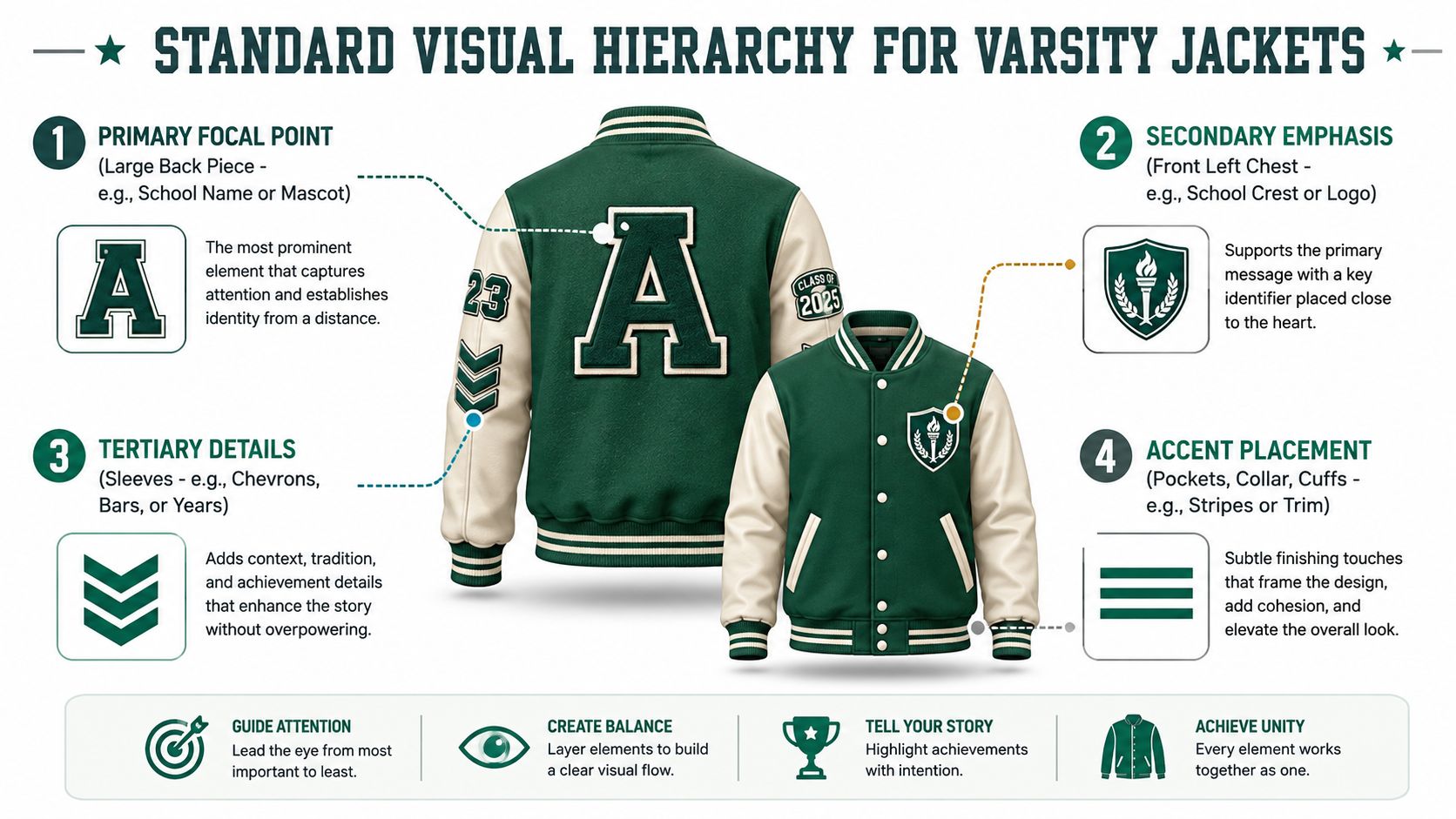 An infographic showing the standard visual hierarchy and design layout for creating custom varsity letterman jackets.