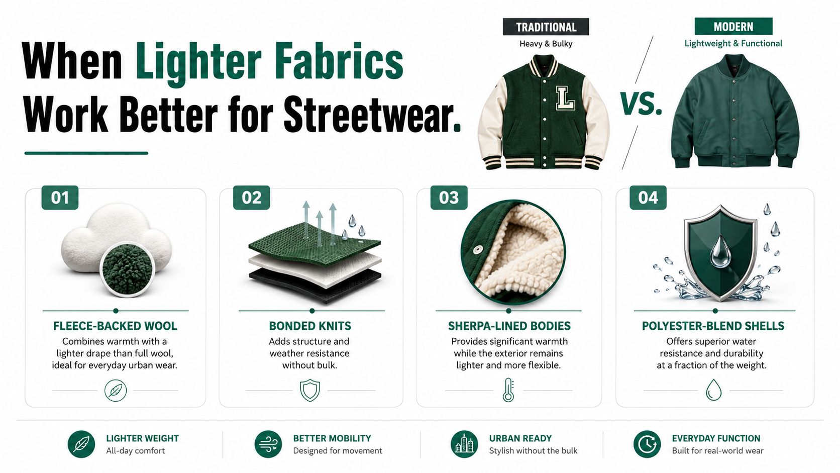 An infographic comparing traditional heavy letterman jackets to modern lightweight fabrics for streetwear functionality.