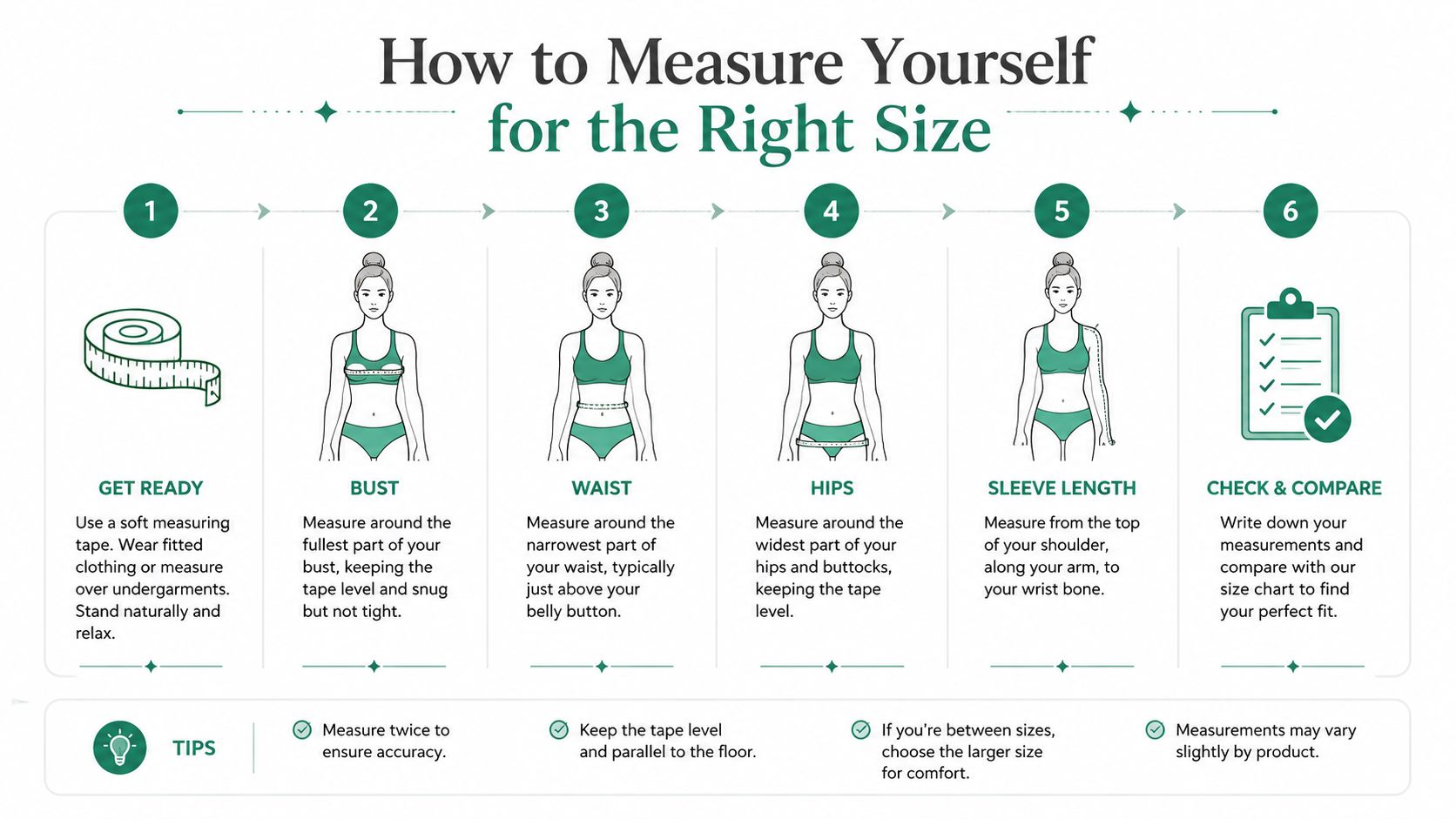 An infographic showing six steps for accurately measuring body dimensions for clothing fit and sizing.