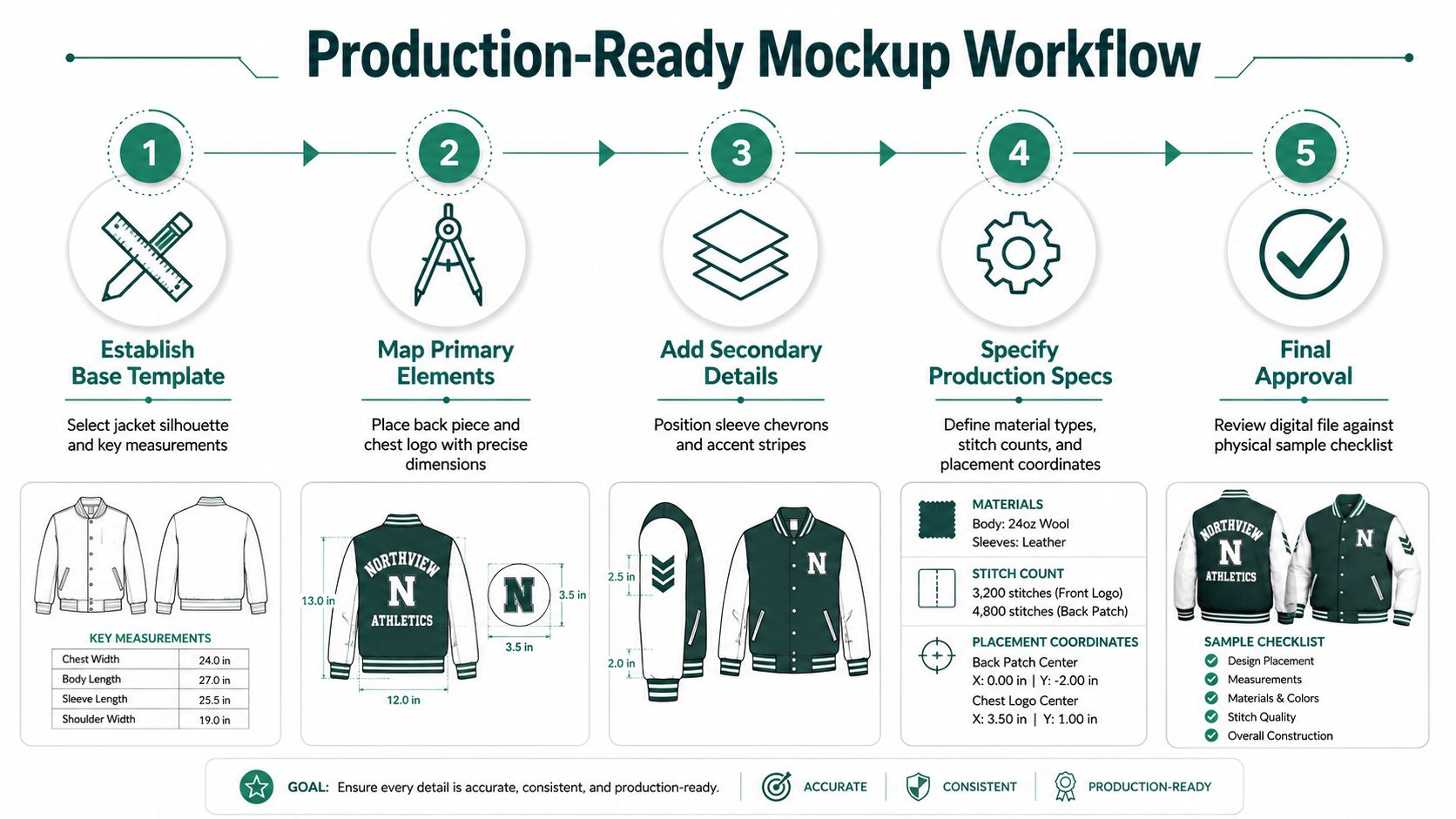 A five-step professional infographic outlining the production-ready mockup workflow for designing custom letterman jackets.