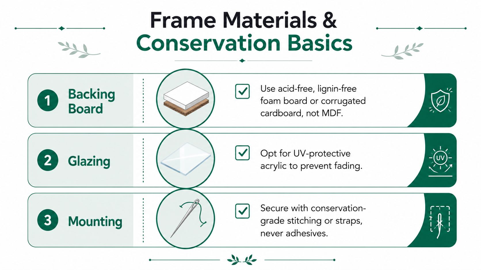 An infographic titled Frame Materials and Conservation Basics, detailing best practices for backing boards, glazing, and mounting.