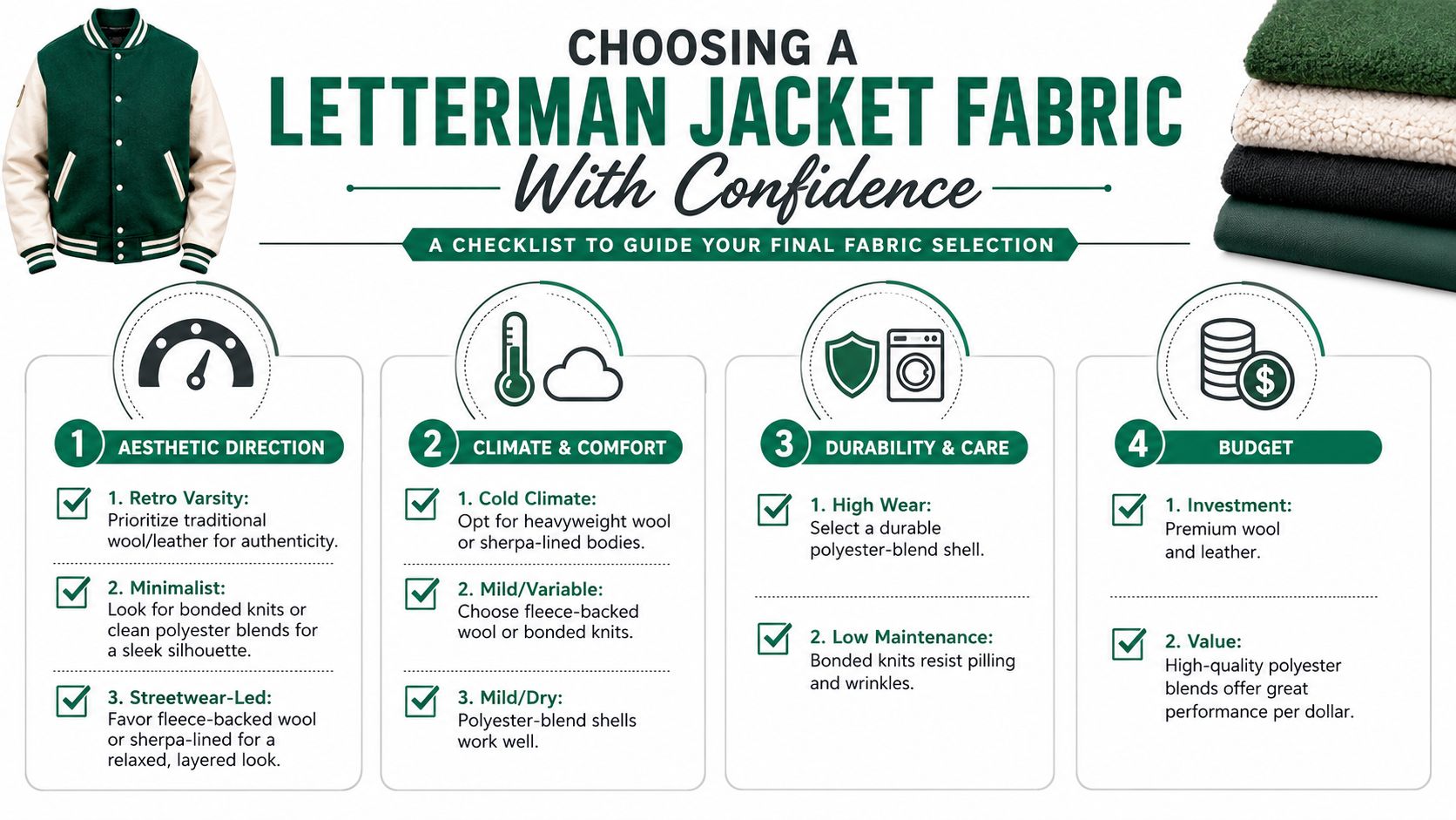 An infographic checklist for selecting the best fabrics for custom letterman jackets based on various factors.