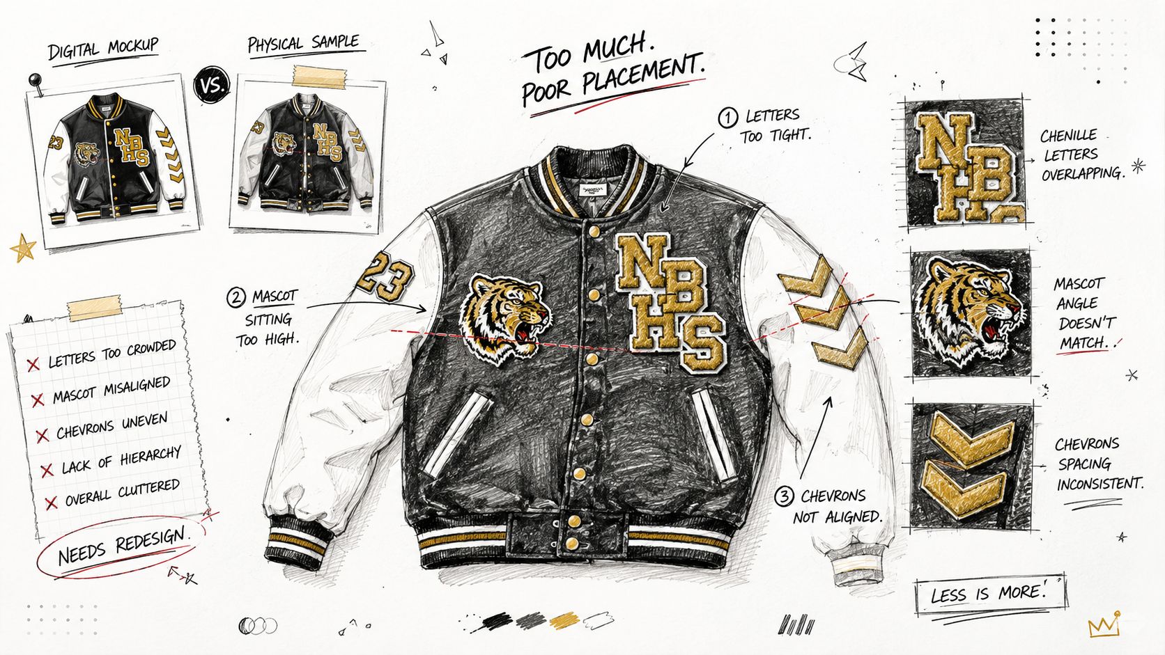 A detailed design sketch of a letterman jacket illustrating common layout errors, alignment issues, and placement problems.