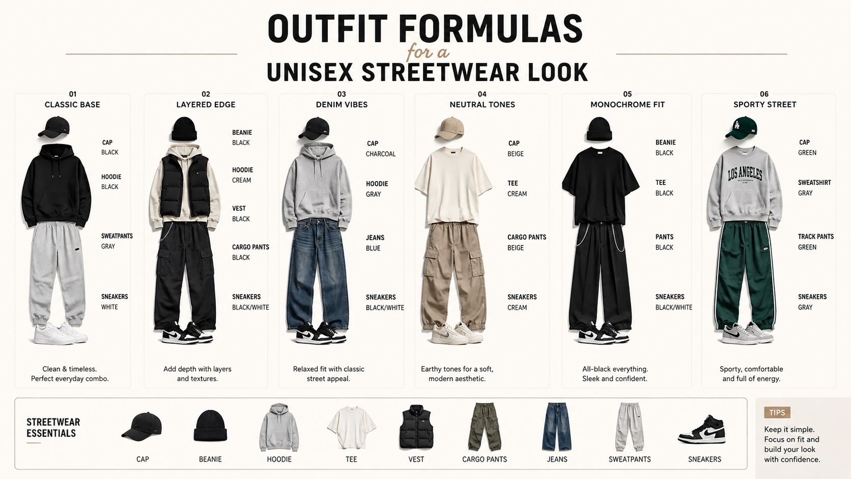 A fashion infographic displaying six unisex streetwear outfit combinations with essential clothing items for a stylish look.
