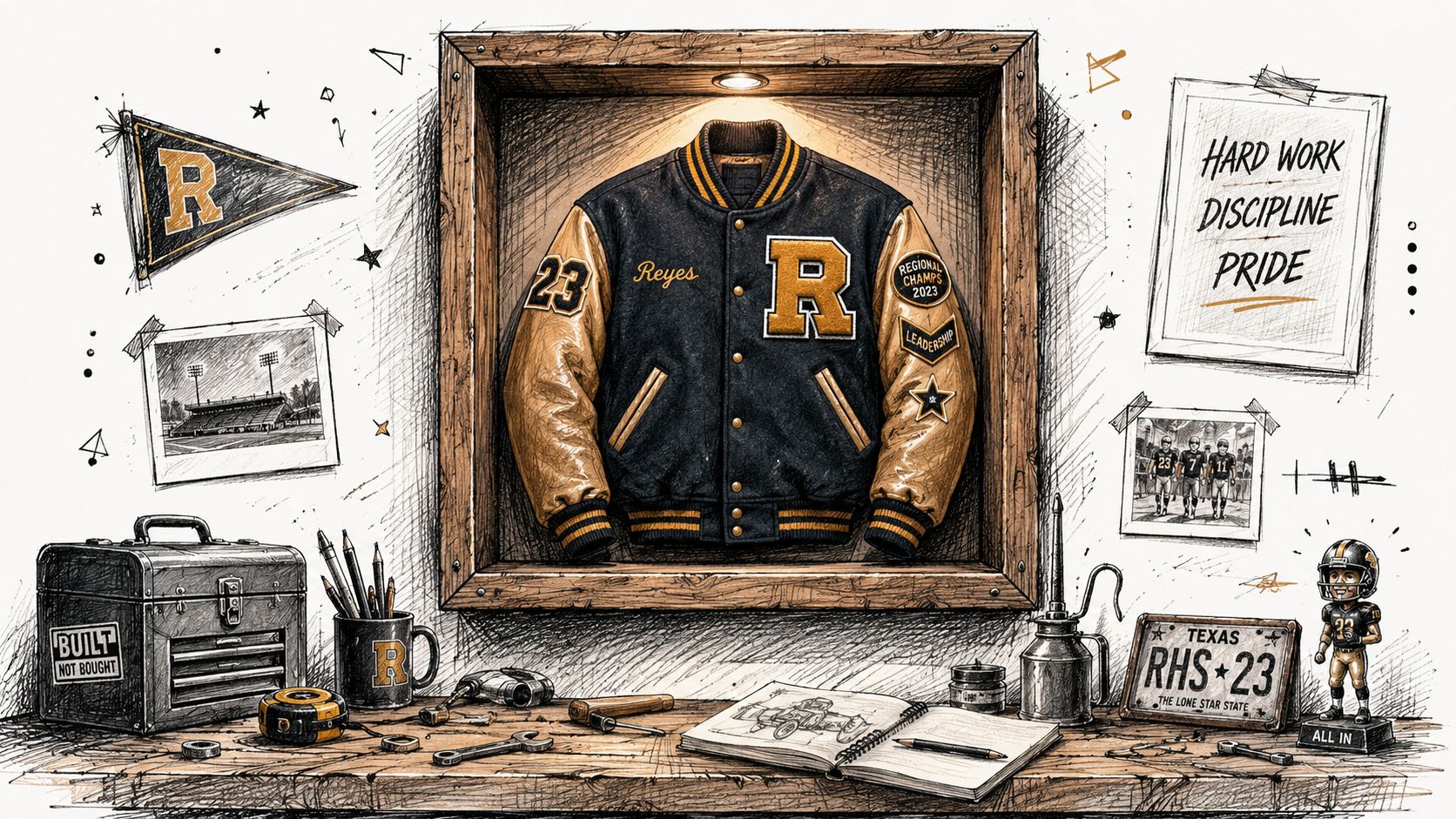 A detailed illustration of a letterman jacket displayed in a wooden frame on a workbench.