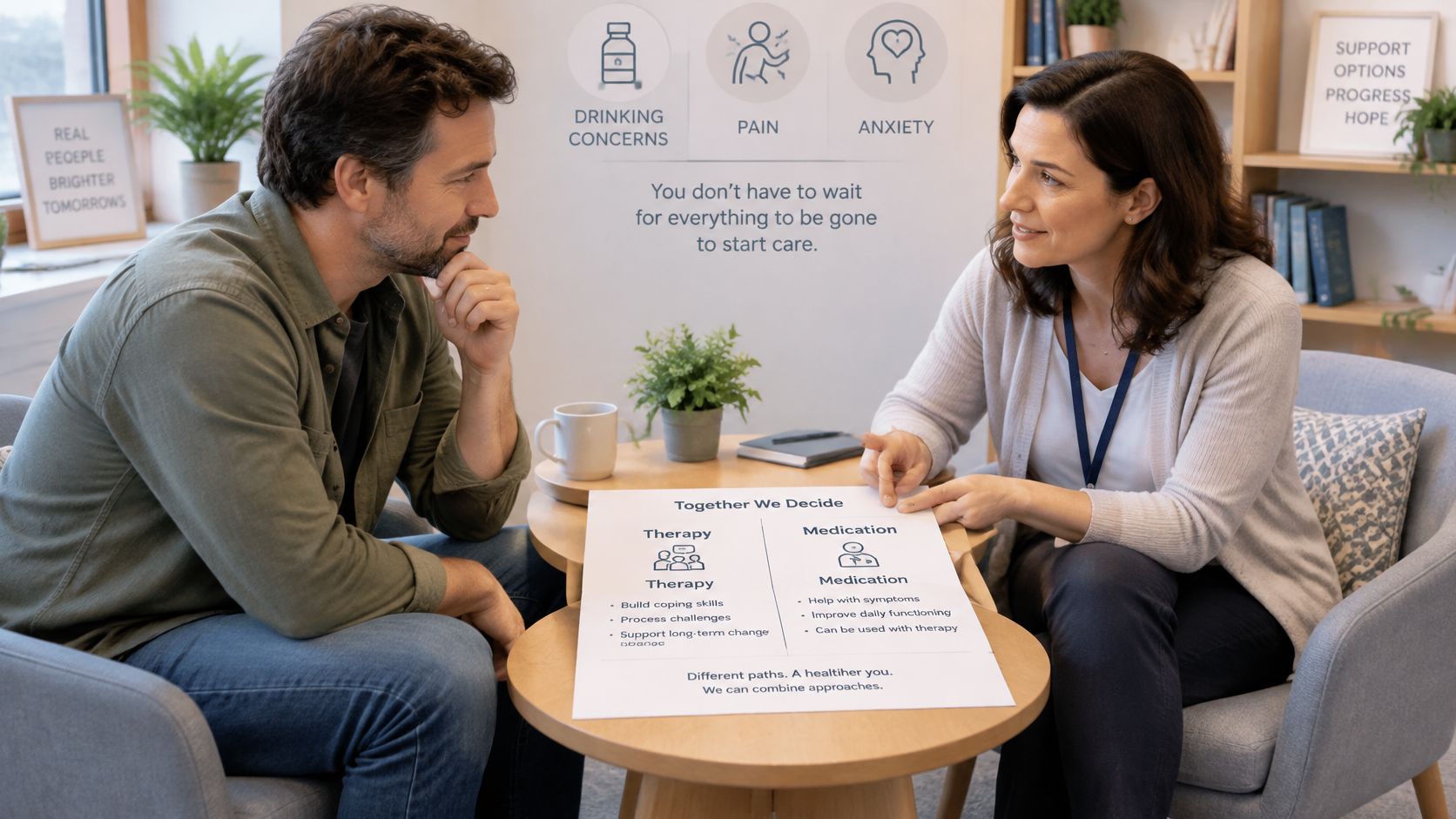 A professional therapist discussing mental health treatment options and care paths with a male patient in an office.