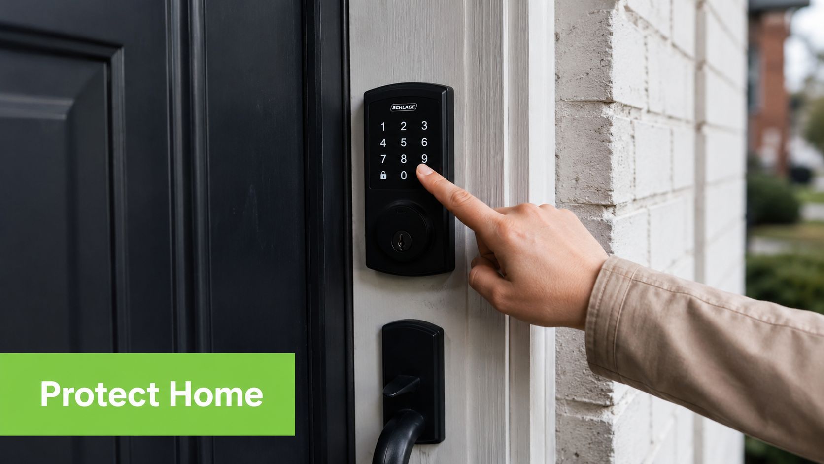 A close-up view of a person using a finger to input a code on a Schlage smart lock.