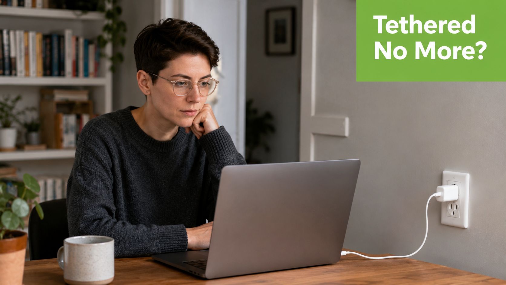 A focused person working on a laptop while plugged into a wall outlet at a desk.