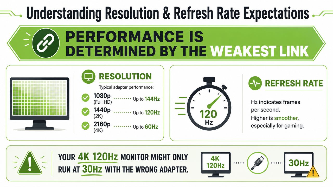 An infographic explaining how resolution and refresh rates are affected by adapters and display cables.
