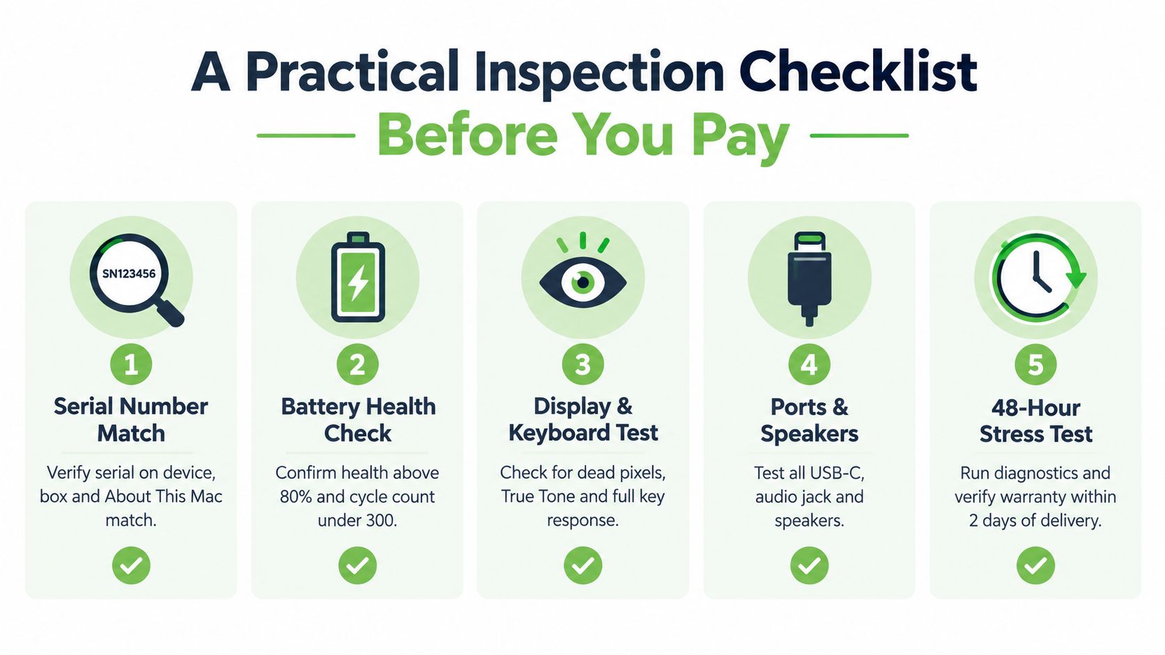 A five-step inspection checklist for purchasing a used Apple laptop, displayed in a clean infographic format.