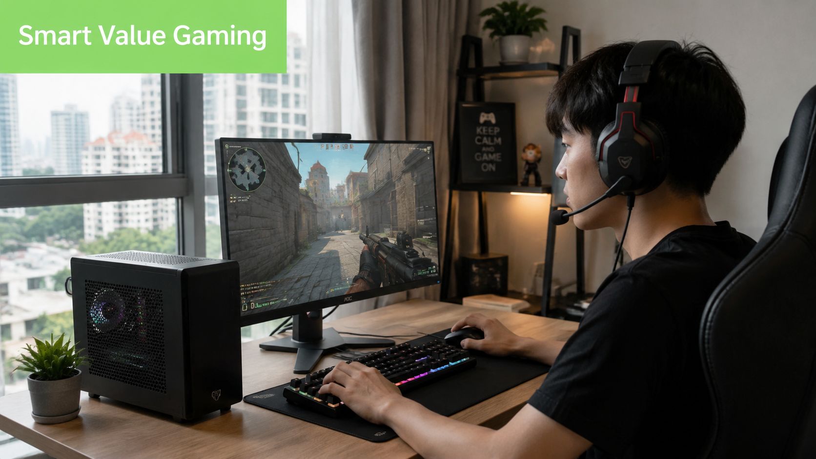 A young man wearing a gaming headset plays a video game on his compact desktop computer setup.