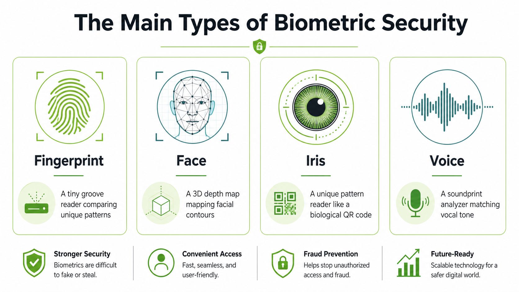An infographic showing four common types of biometric security: fingerprint, face recognition, iris scanning, and voice authentication.
