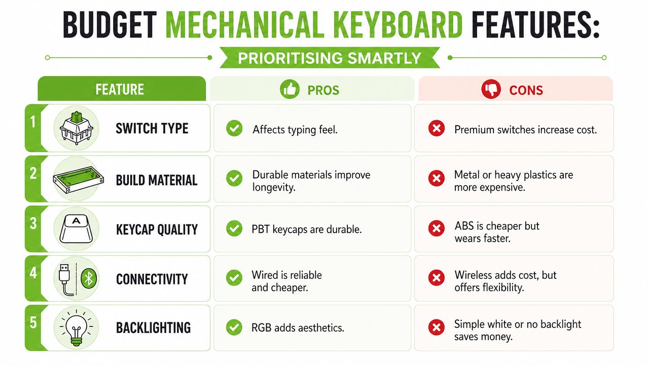 A table comparing the pros and cons of five key features for choosing a budget mechanical keyboard.