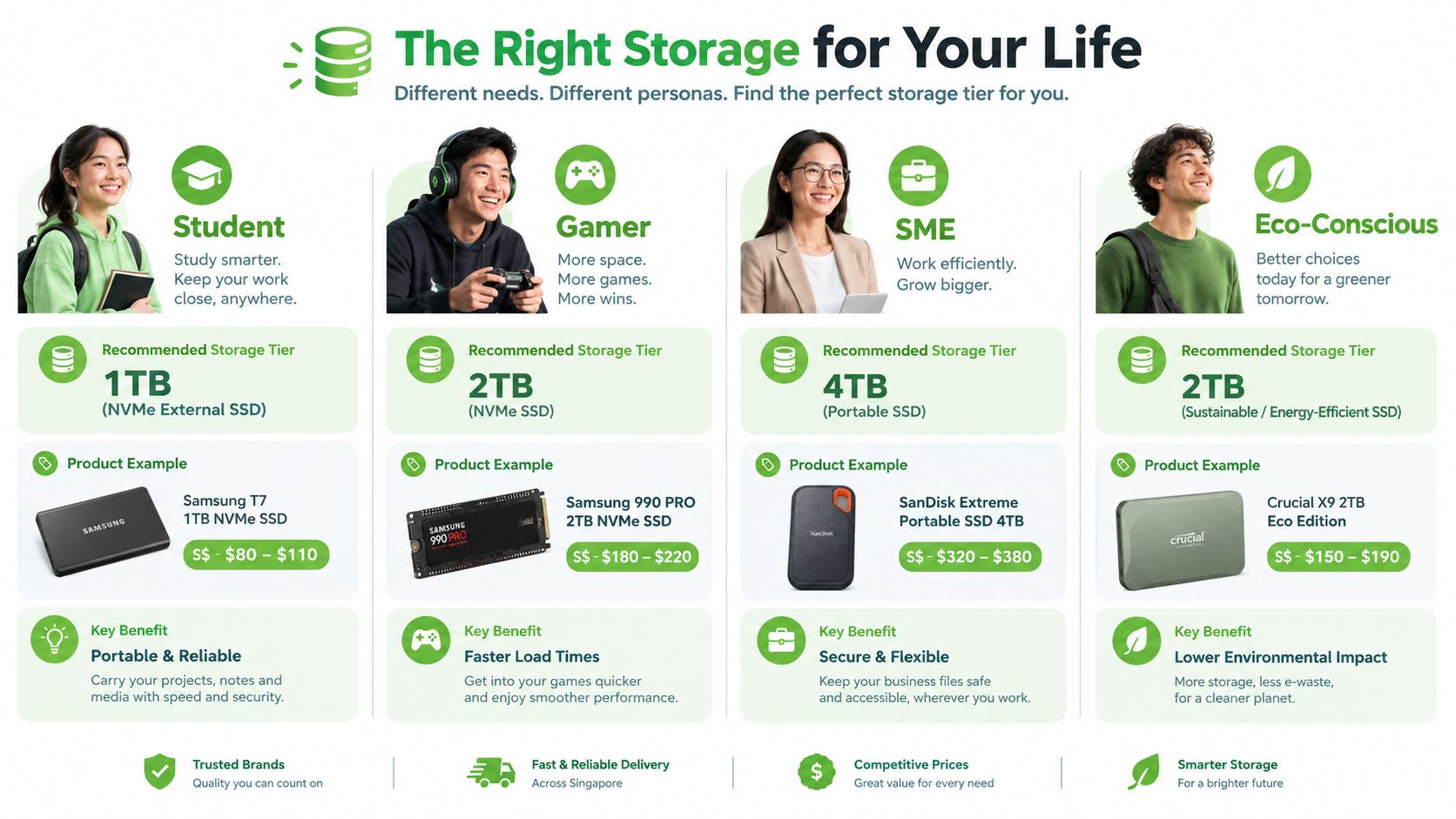 An infographic illustrating tailored storage solutions for students, gamers, SMEs, and eco-conscious individuals with product examples.
